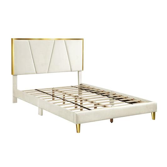 Right angled contemporary beige and gold upholstered eastern king bed on a white background