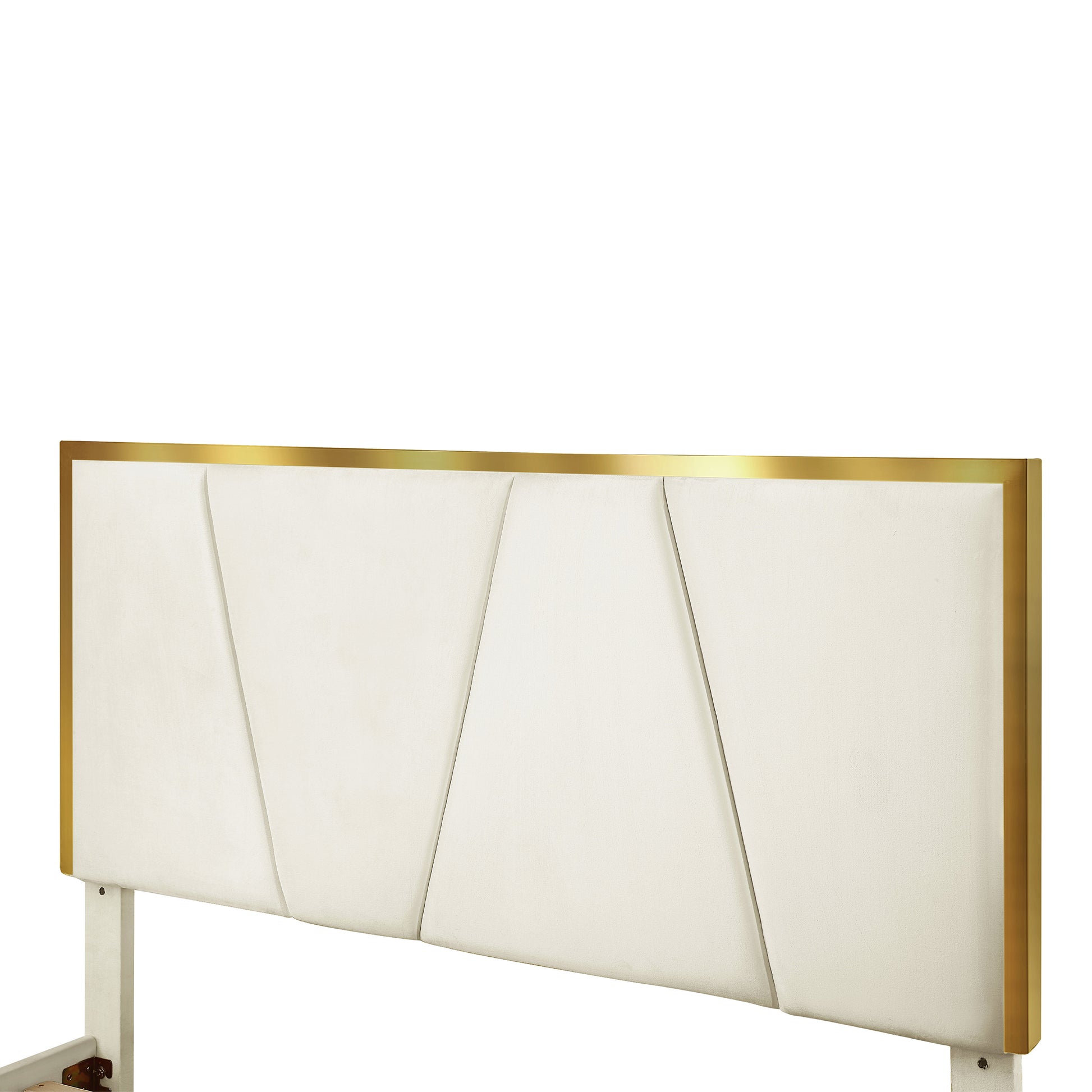Right angled close-up of headboard on a contemporary beige and gold upholstered eastern king bed on a white background