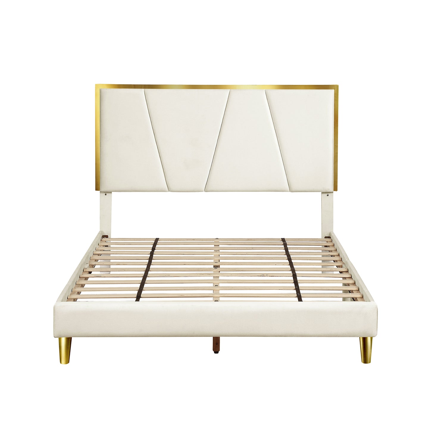 Front-facing contemporary beige and gold upholstered eastern king bed with slats shown on a white background