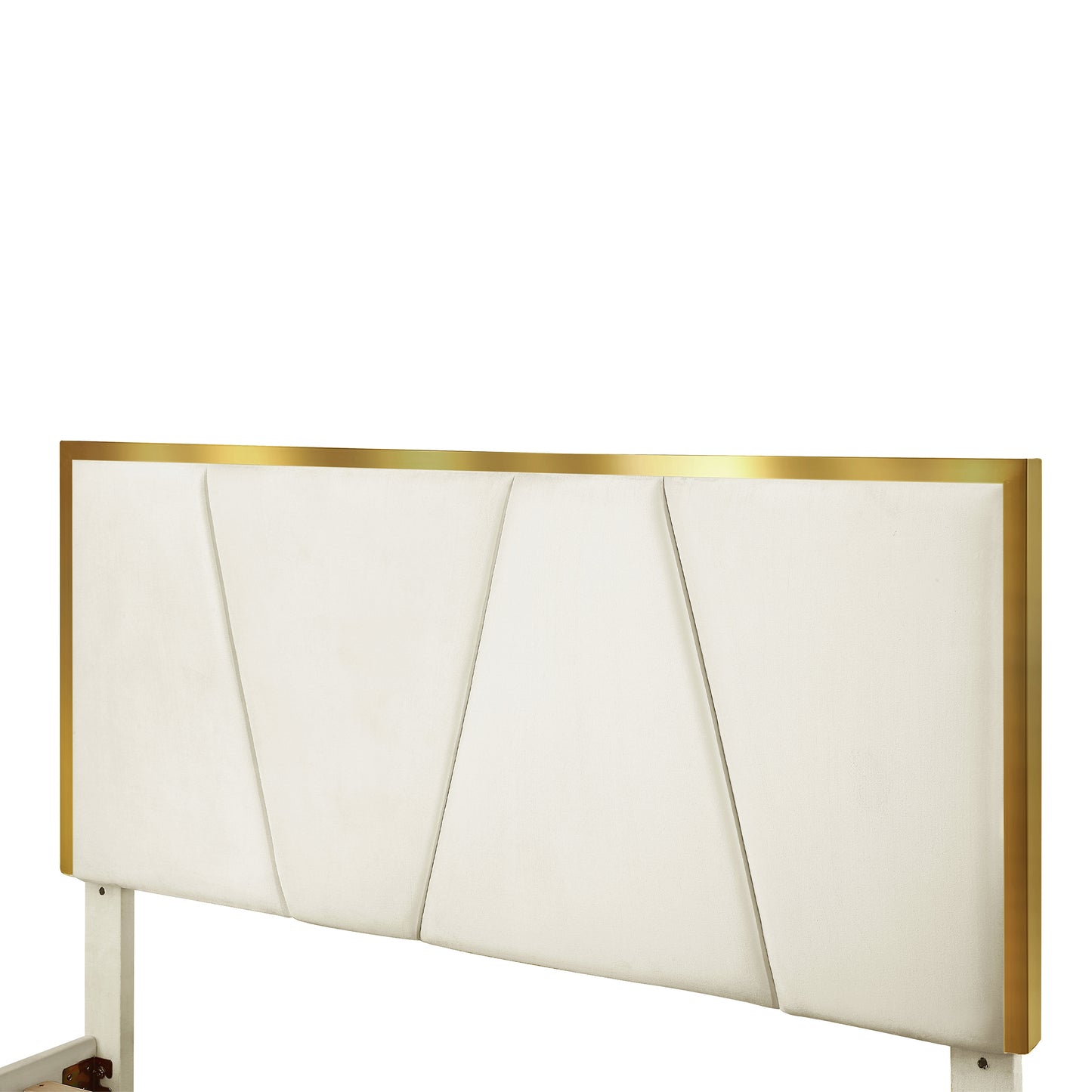 Left angled close-up of headboard on a contemporary beige and gold upholstered full bed on a white background
