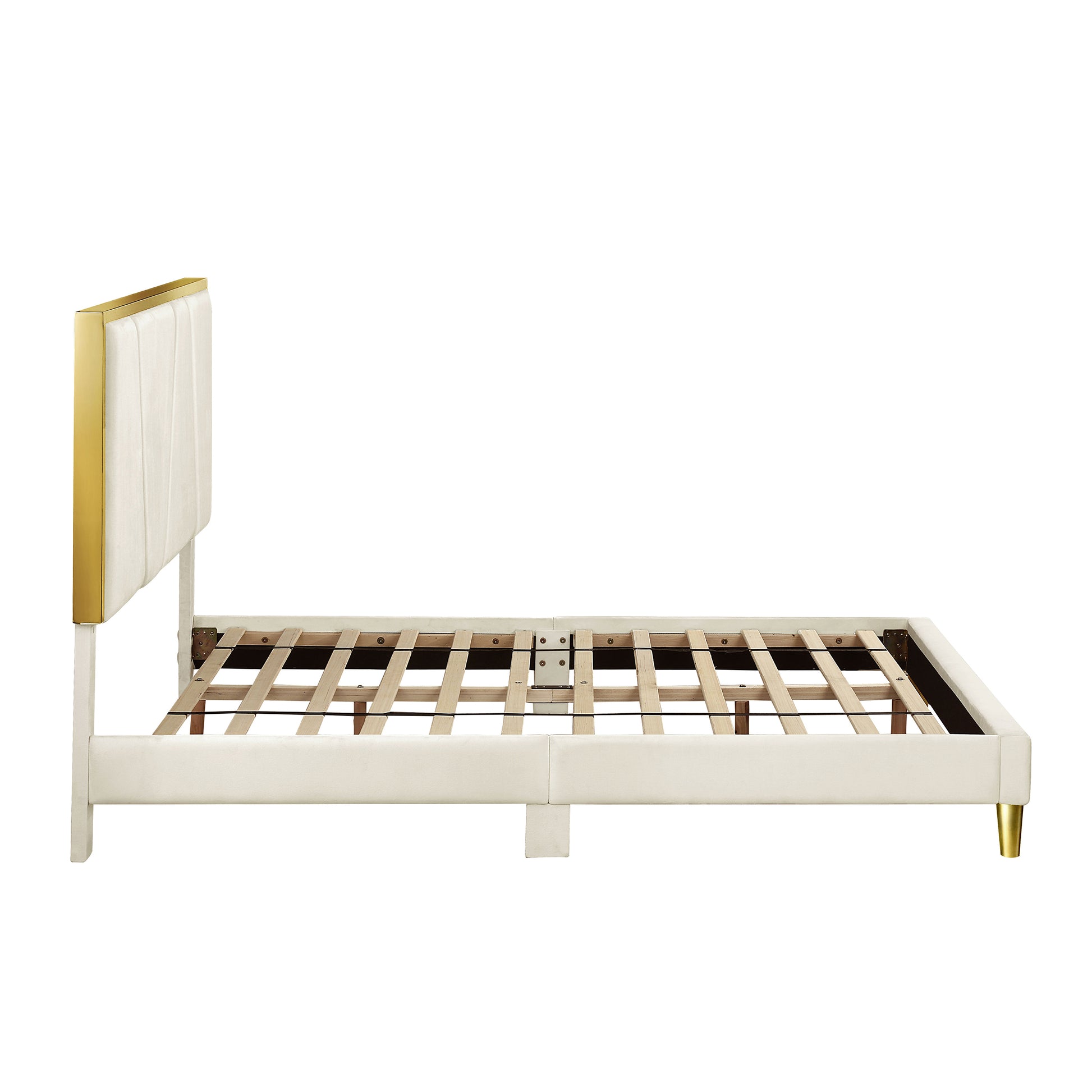Front-facing side view of a contemporary beige and gold upholstered queen bed with slats shown on a white background