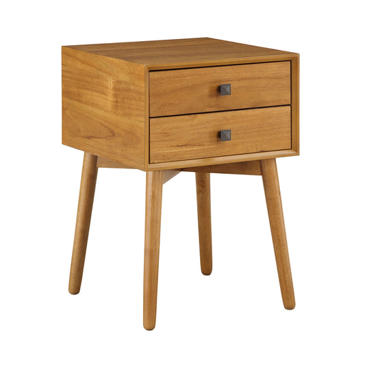 Right angled modern light oak two-drawer compact nightstand with splayed legs on a white background