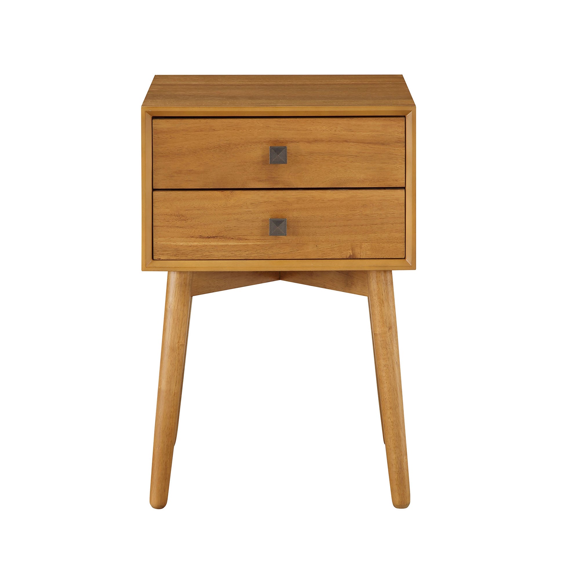 Front-facing modern light oak two-drawer compact nightstand with splayed legs on a white background