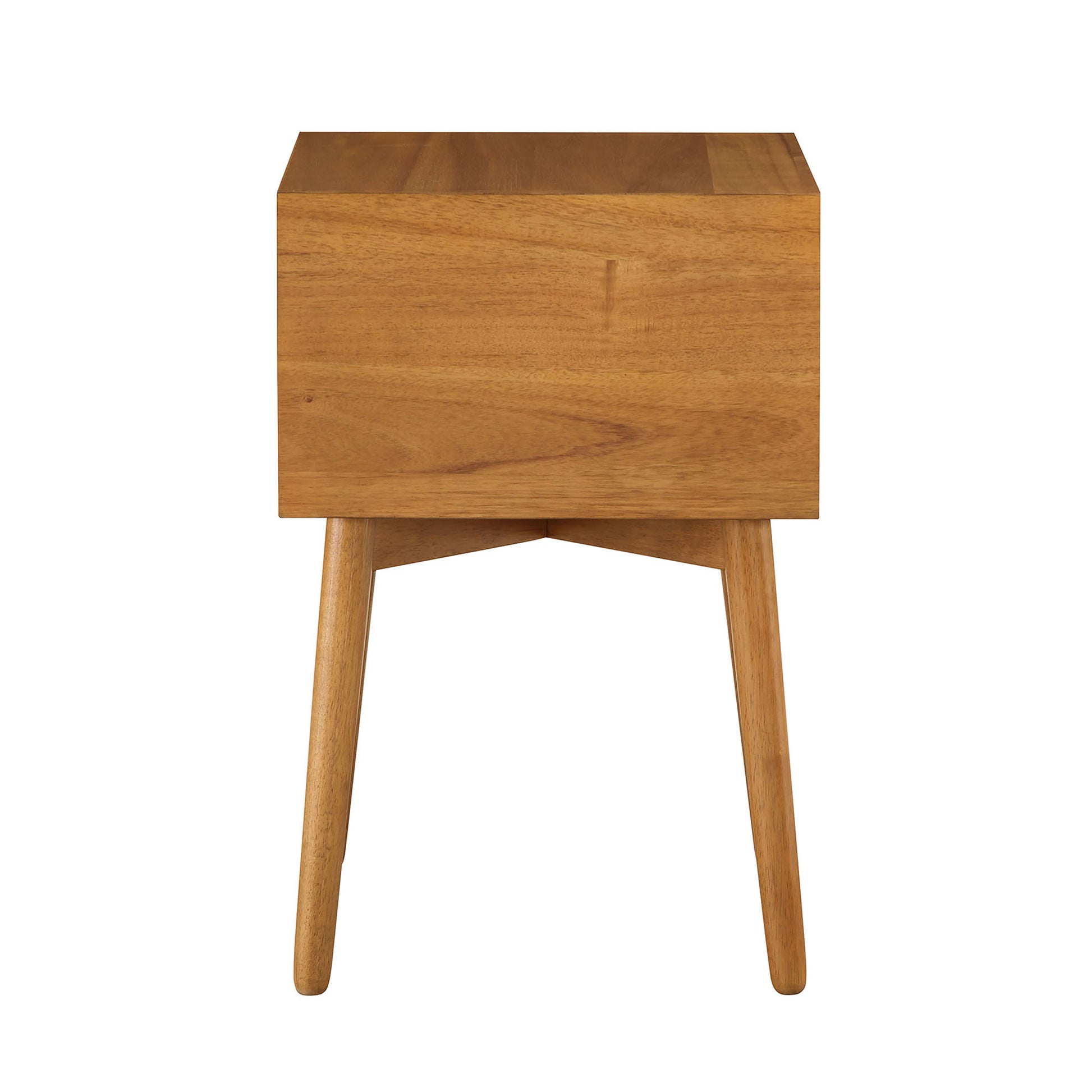 Front-facing side view of a modern light oak two-drawer compact nightstand with splayed legs on a white background