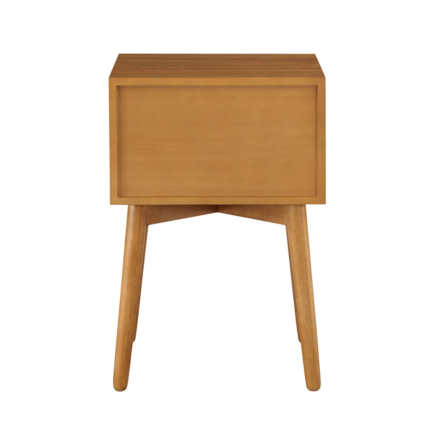 Front-facing back view of a modern light oak two-drawer compact nightstand with splayed legs on a white background