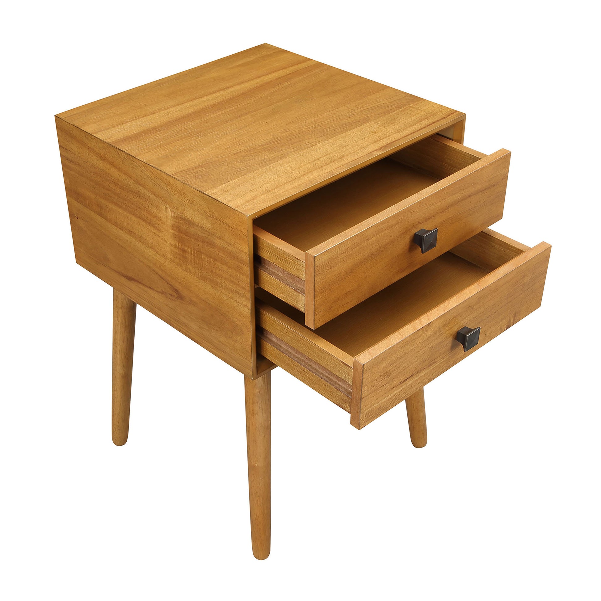 Right angled upper view of a modern light oak two-drawer compact nightstand with splayed legs and drawers open on a white background