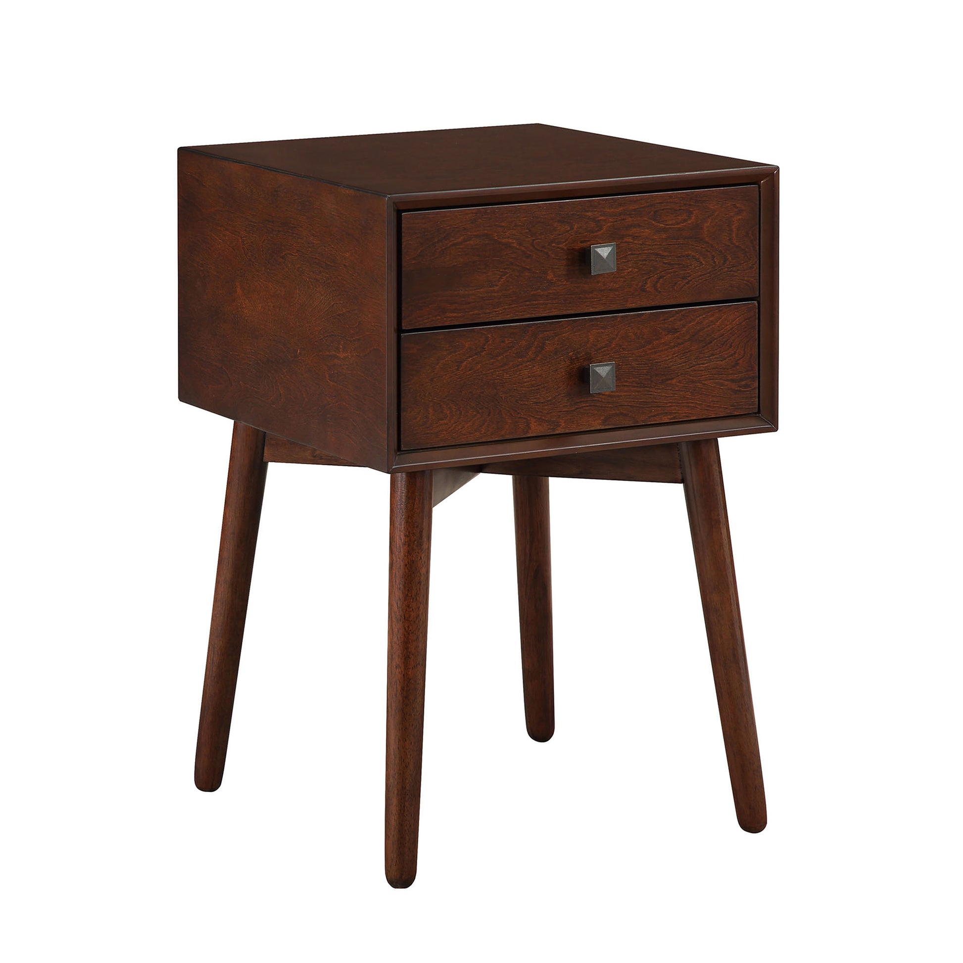 Right angled modern espresso two-drawer compact nightstand with splayed legs on a white background