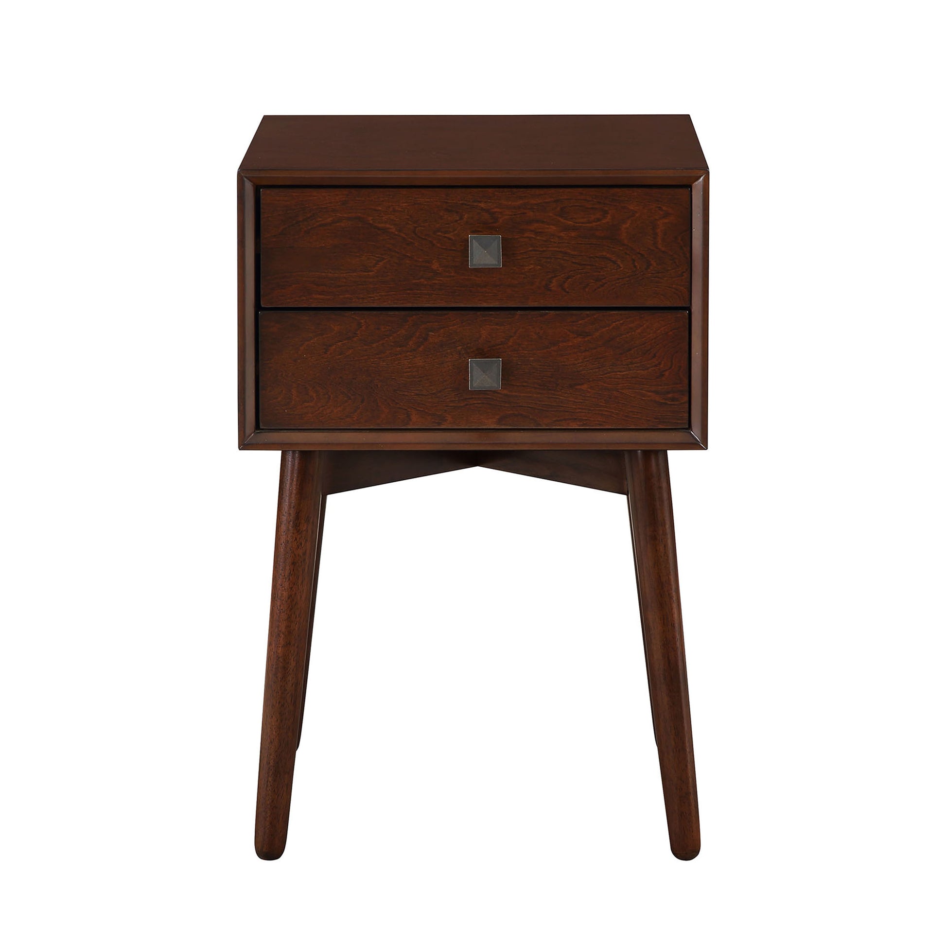 Front-facing modern espresso two-drawer compact nightstand with splayed legs on a white background