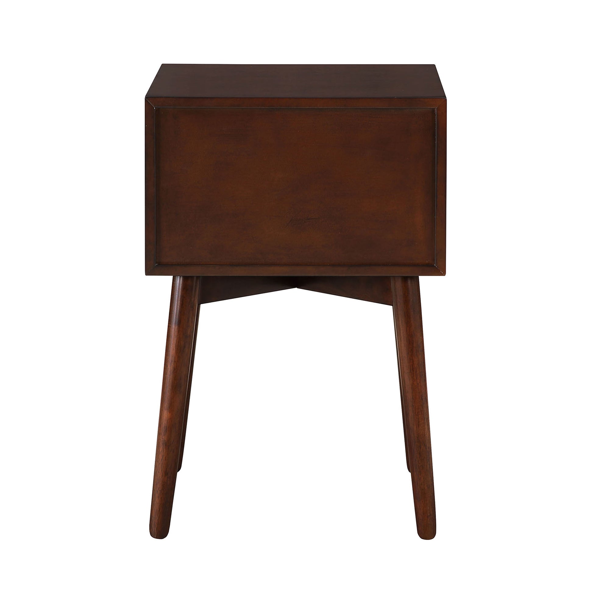 Front-facing back view of a modern espresso two-drawer compact nightstand with splayed legs on a white background