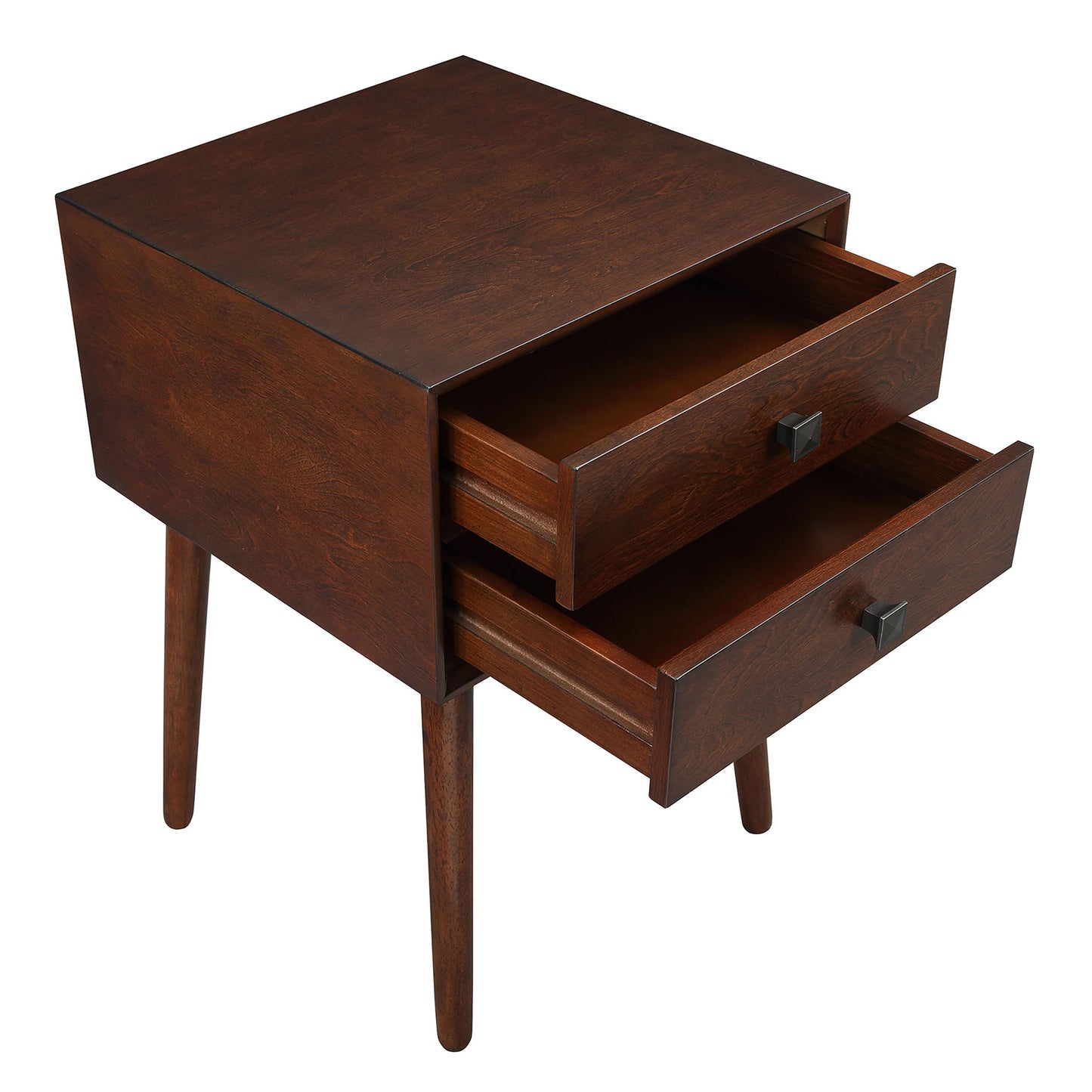 Right angled upper view of a modern espresso two-drawer compact nightstand with splayed legs and drawers open on a white background