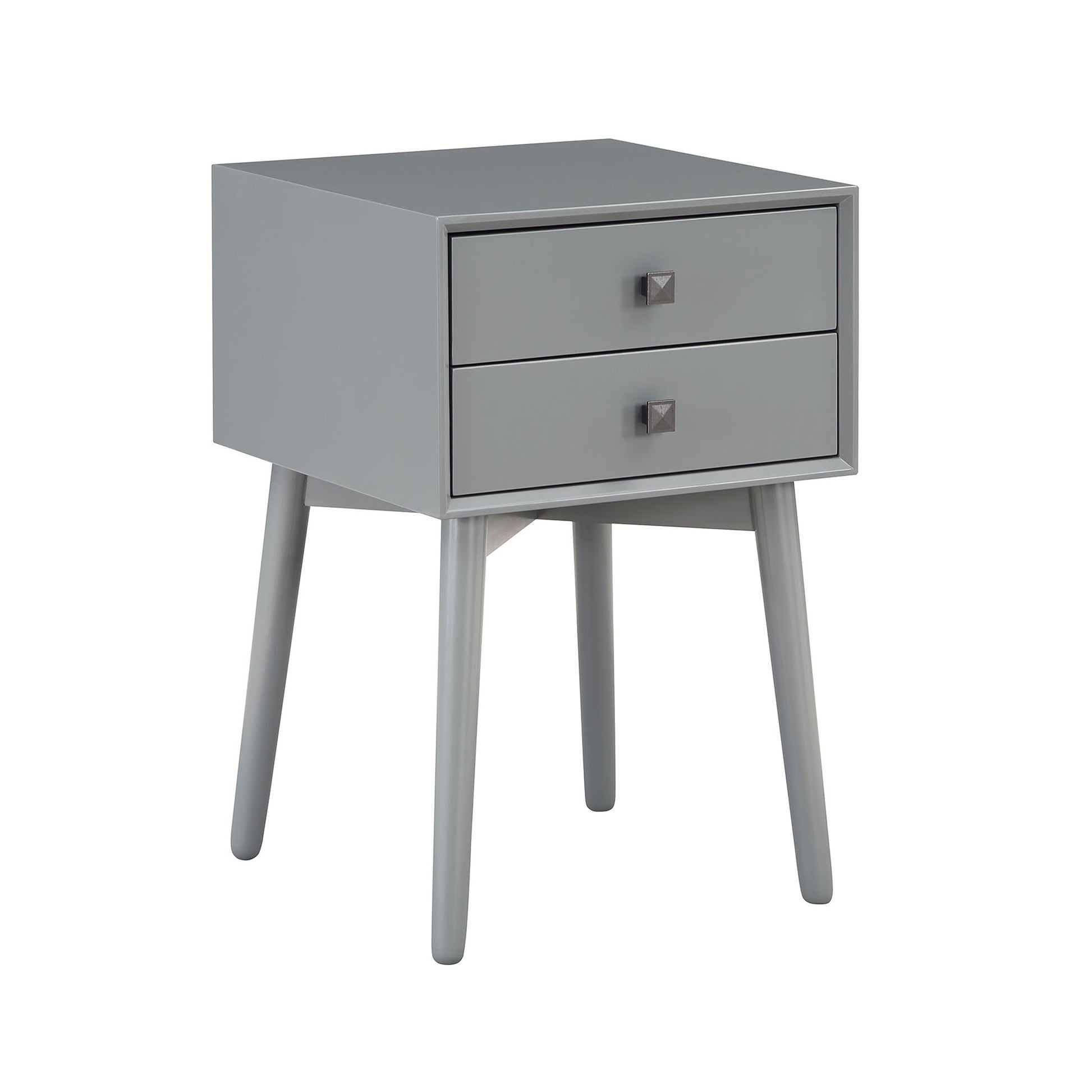 Right angled modern gray two-drawer compact nightstand with splayed legs on a white background