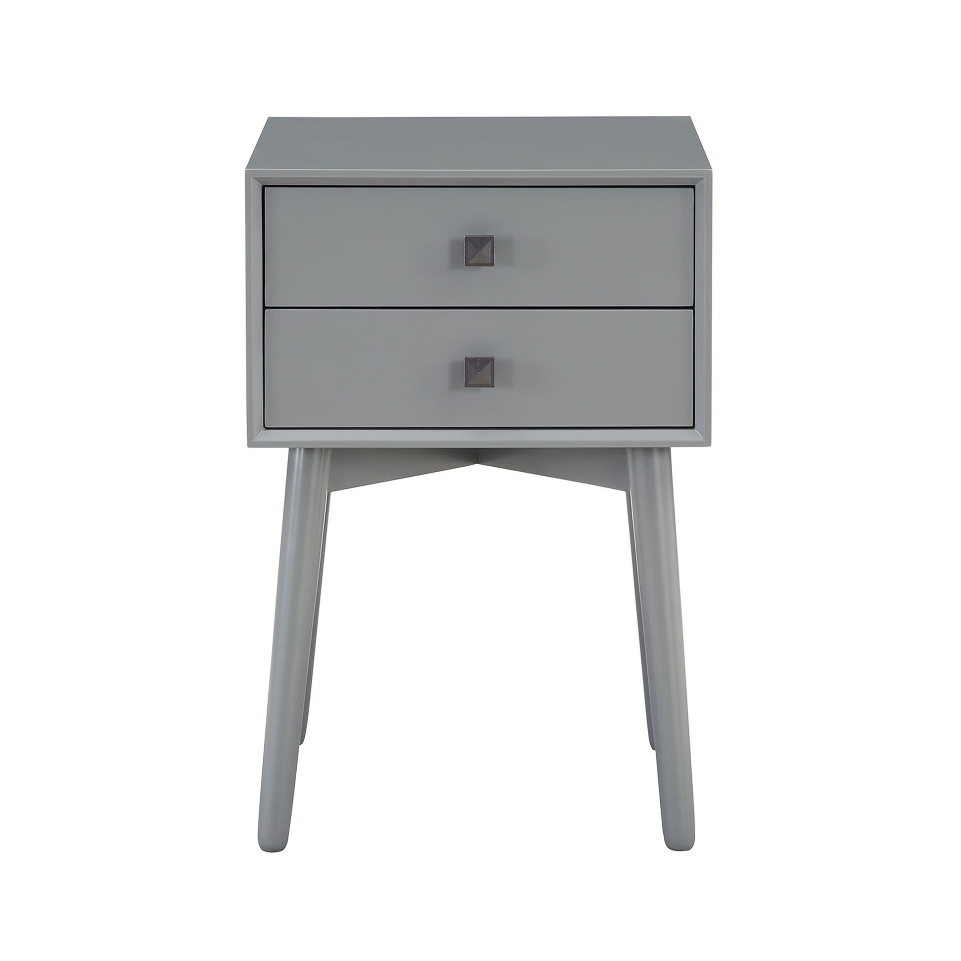 Front-facing modern gray two-drawer compact nightstand with splayed legs on a white background