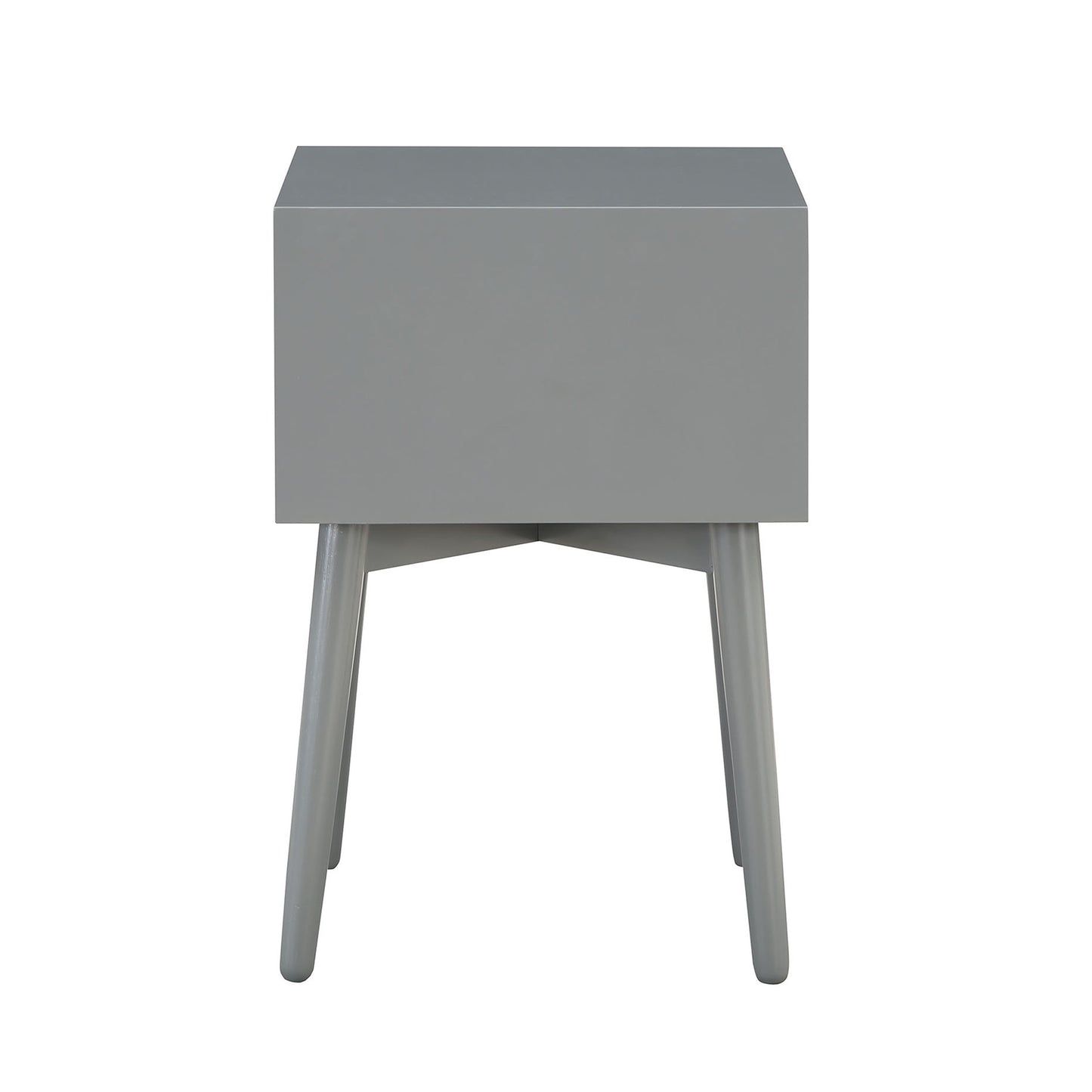 Front-facing side view of a modern gray two-drawer compact nightstand with splayed legs on a white background