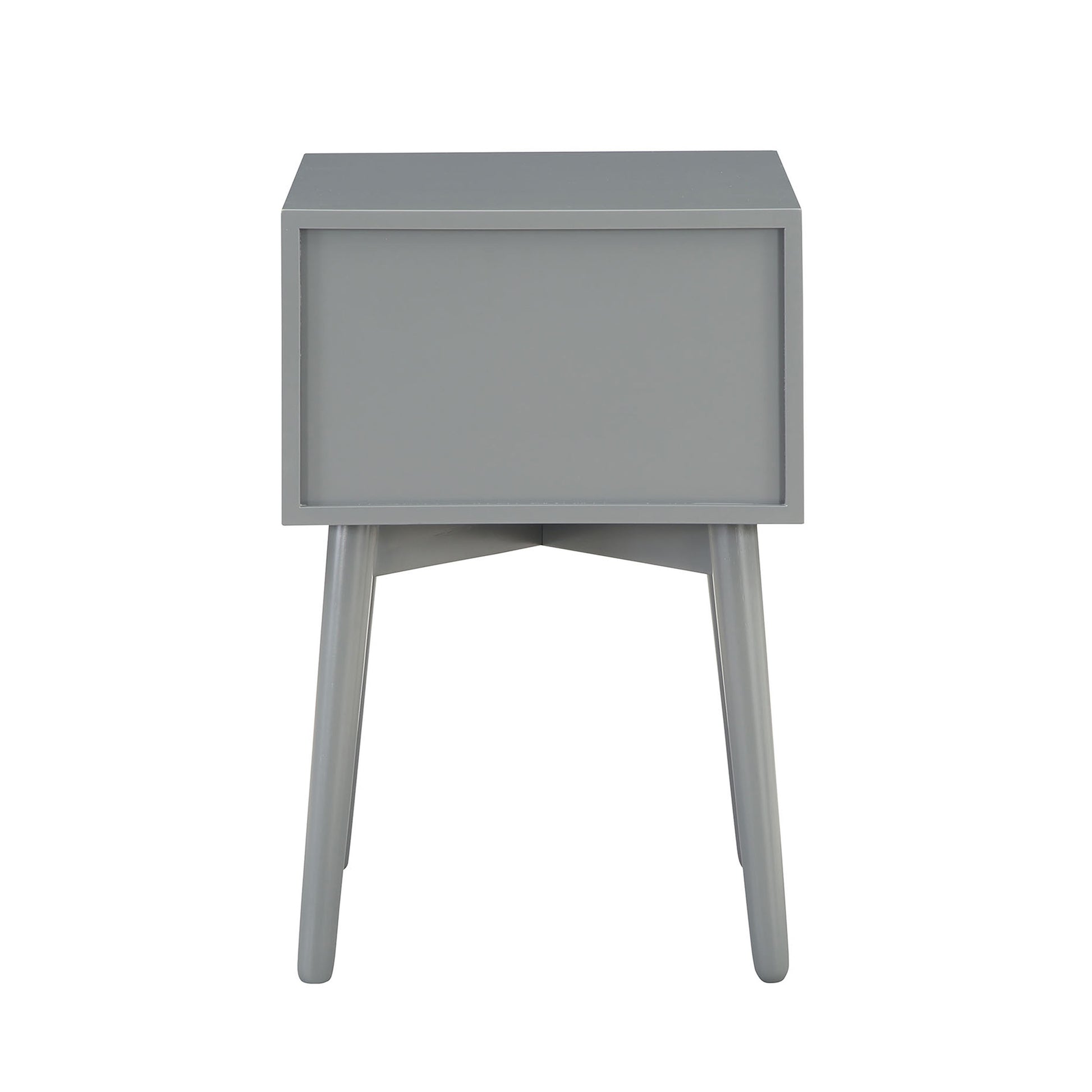 Front-facing back view of a modern gray two-drawer compact nightstand with splayed legs on a white background