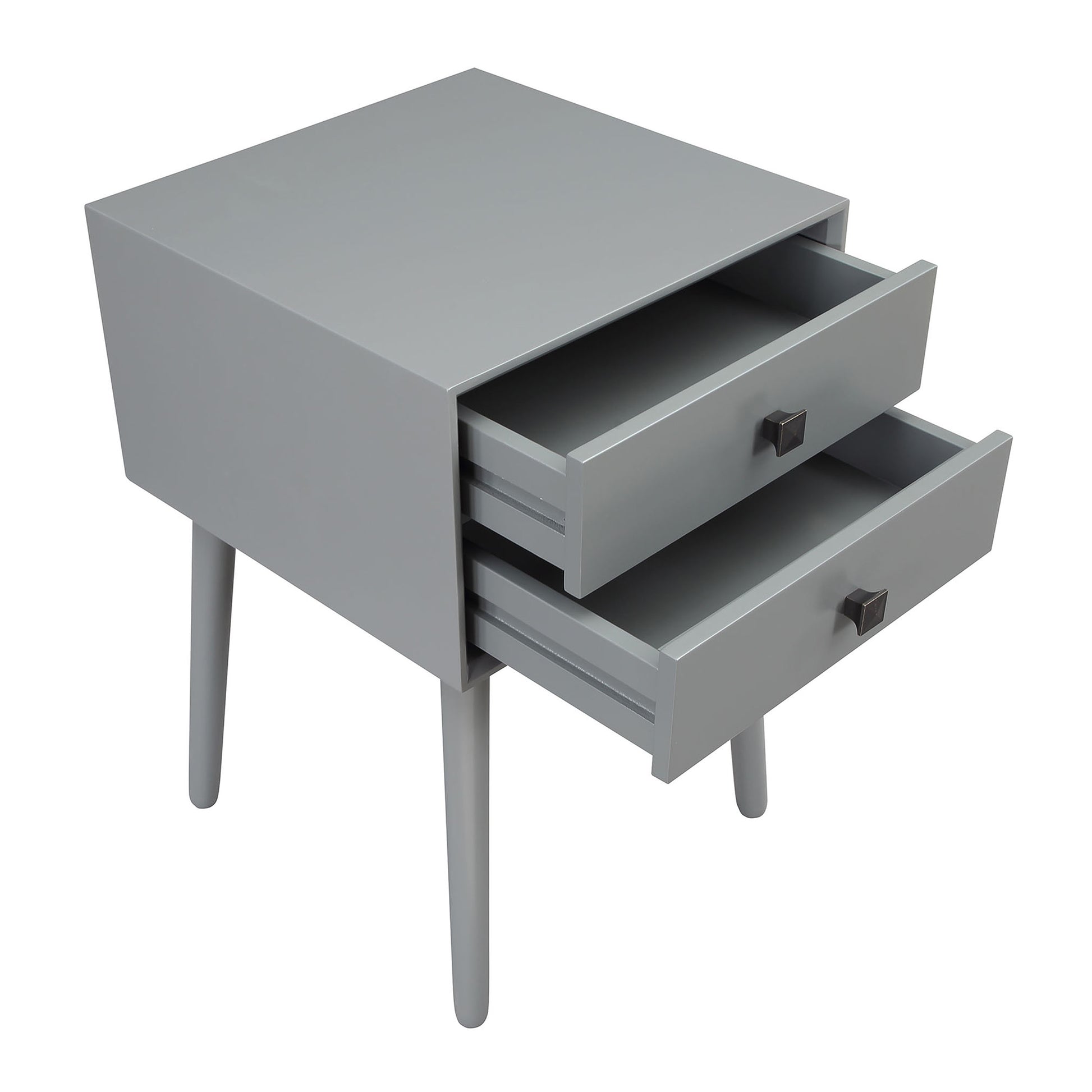Right angled upper view of a modern gray two-drawer compact nightstand with splayed legs and drawers open on a white background