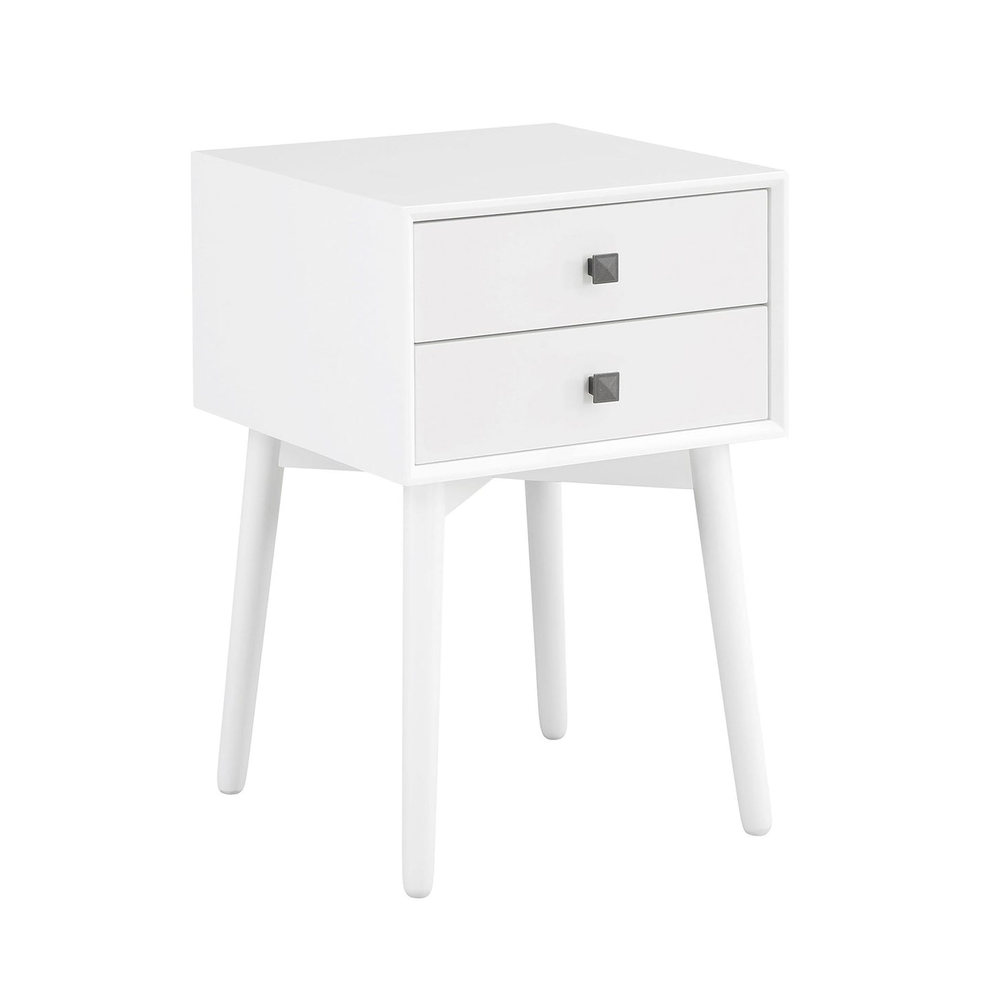 Right angled modern white two-drawer compact nightstand with splayed legs on a white background