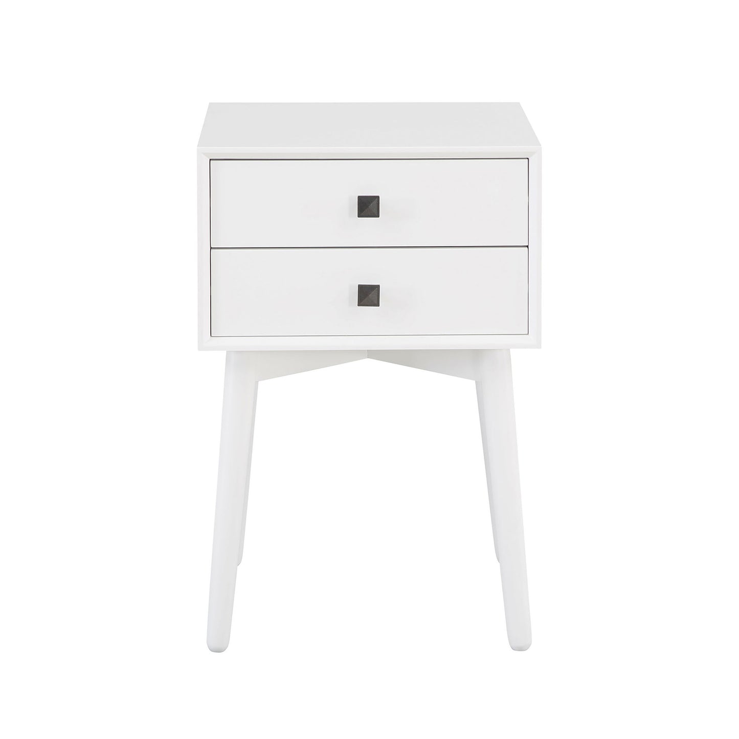 Front-facing modern white two-drawer compact nightstand with splayed legs on a white background