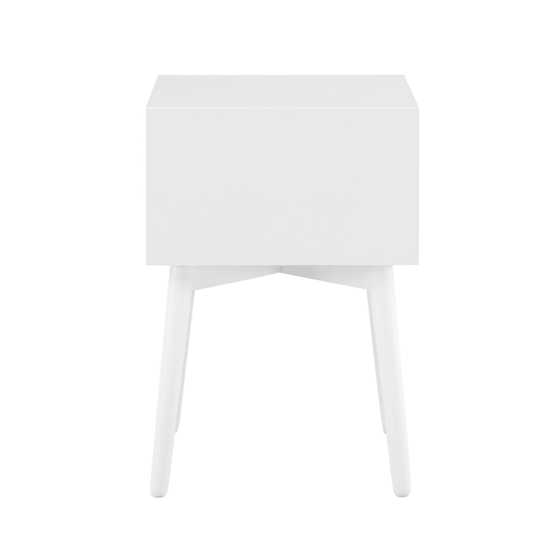 Front-facing side view of a modern white two-drawer compact nightstand with splayed legs on a white background