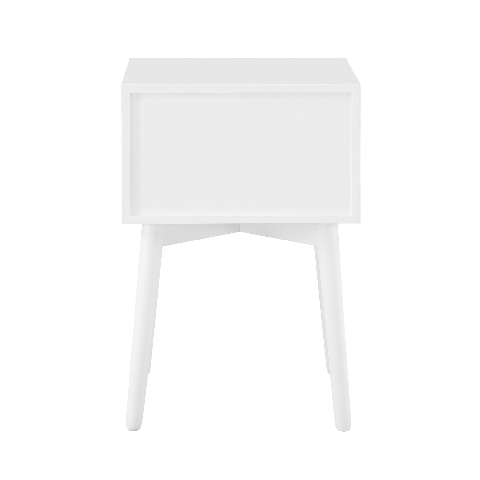 Front-facing back view of a modern white two-drawer compact nightstand with splayed legs on a white background