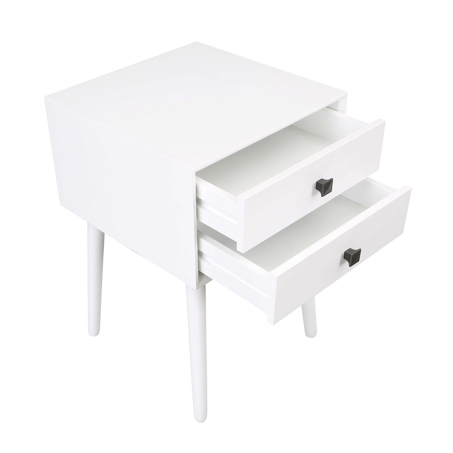 Right angled upper view of a modern white two-drawer compact nightstand with splayed legs and drawers open on a white background