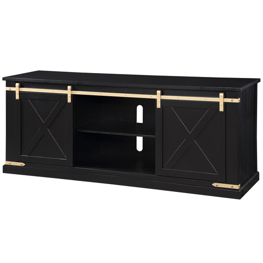 Left angled farmhouse black and gold sliding door TV stand on a white background