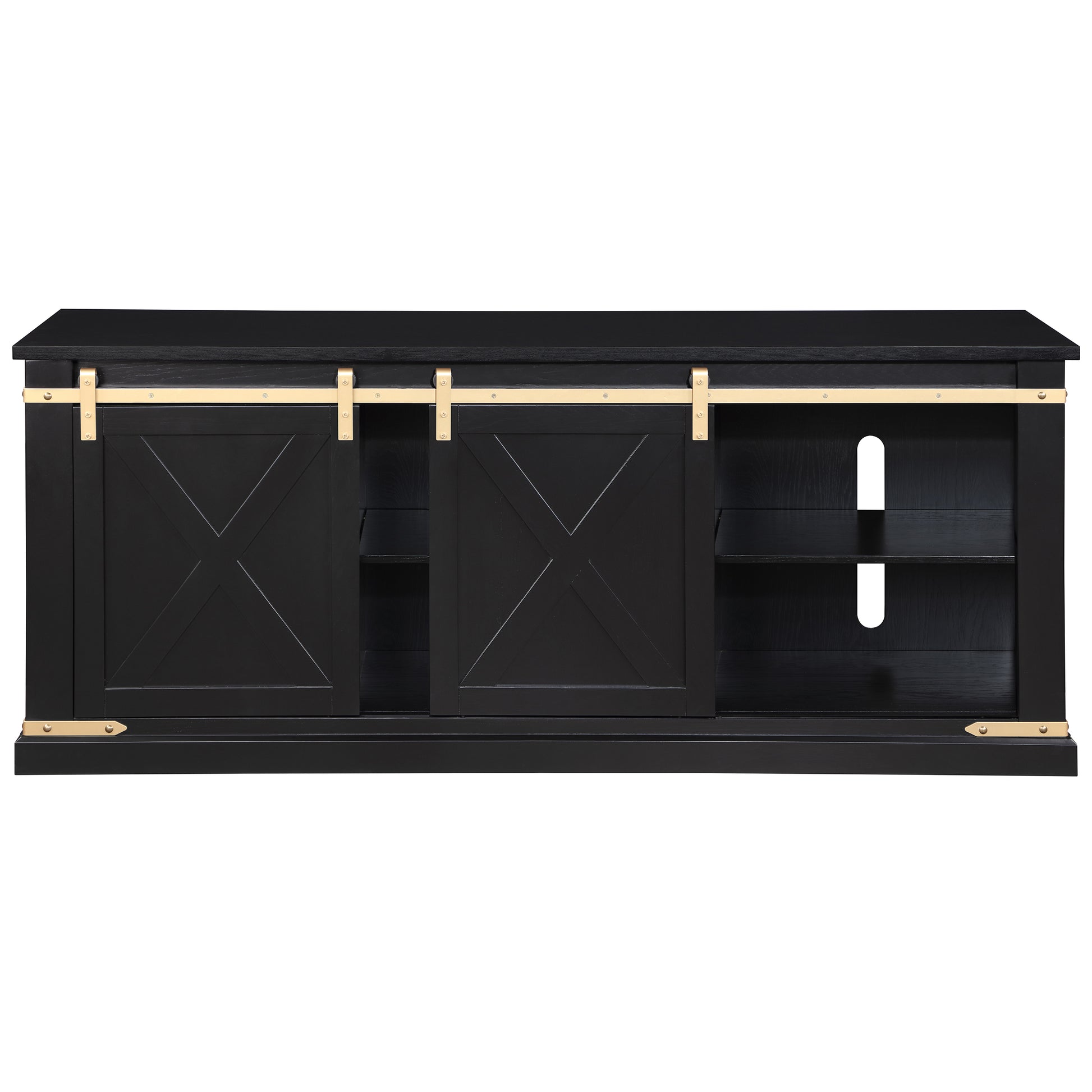 Front-facing farmhouse black and gold sliding door TV stand on a white background