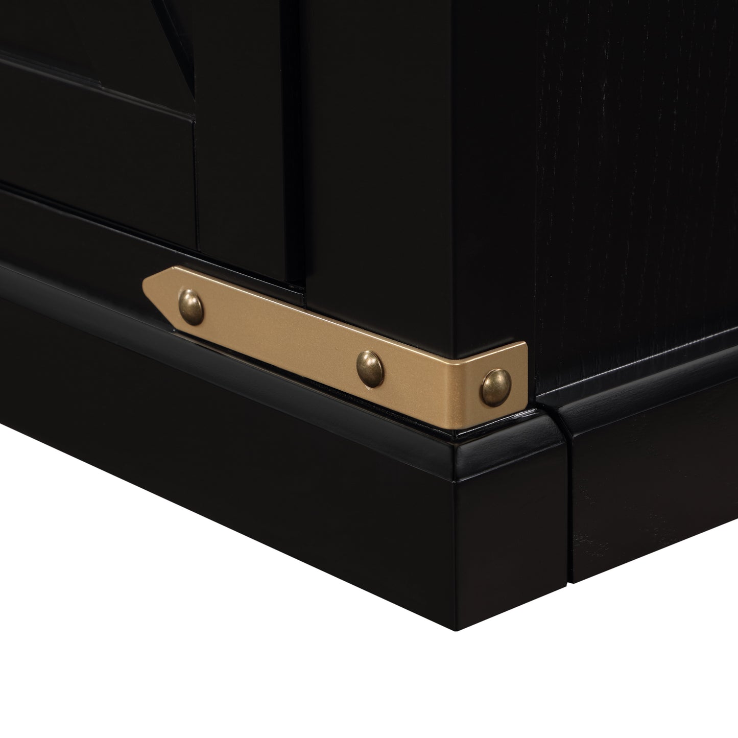 Left angled close-up base hardware detail on a farmhouse black and gold sliding door TV stand on a white background