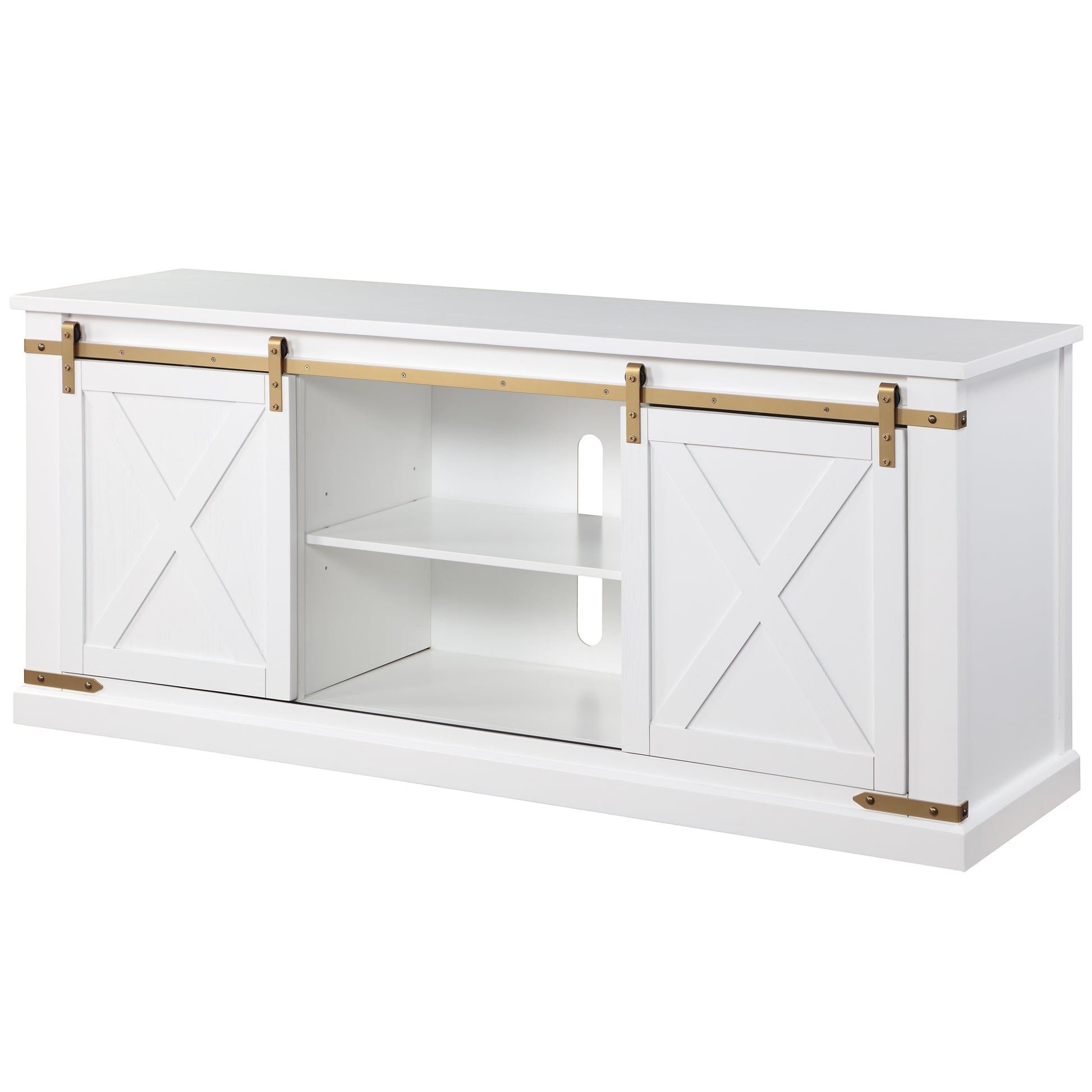 Left angled farmhouse white and gold sliding door TV stand on a white background