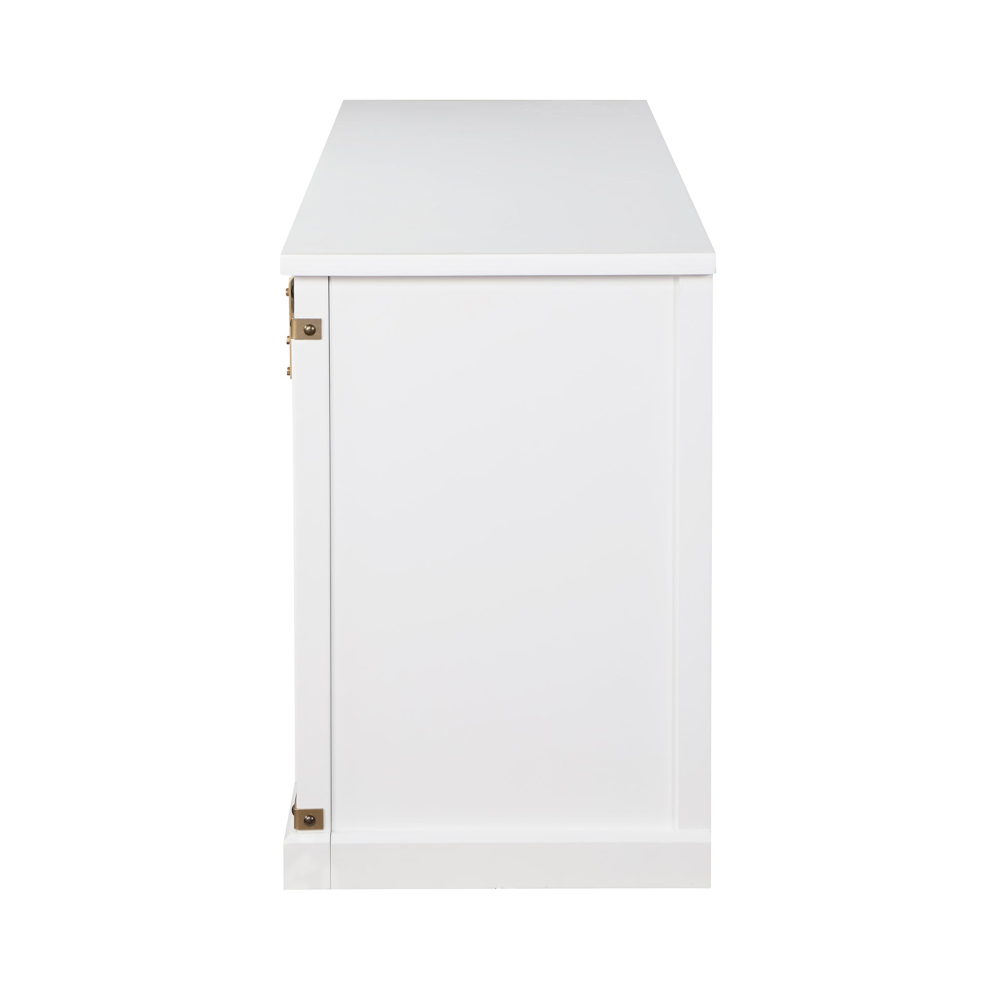 Front-facing side view of a farmhouse white and gold sliding door TV stand on a white background