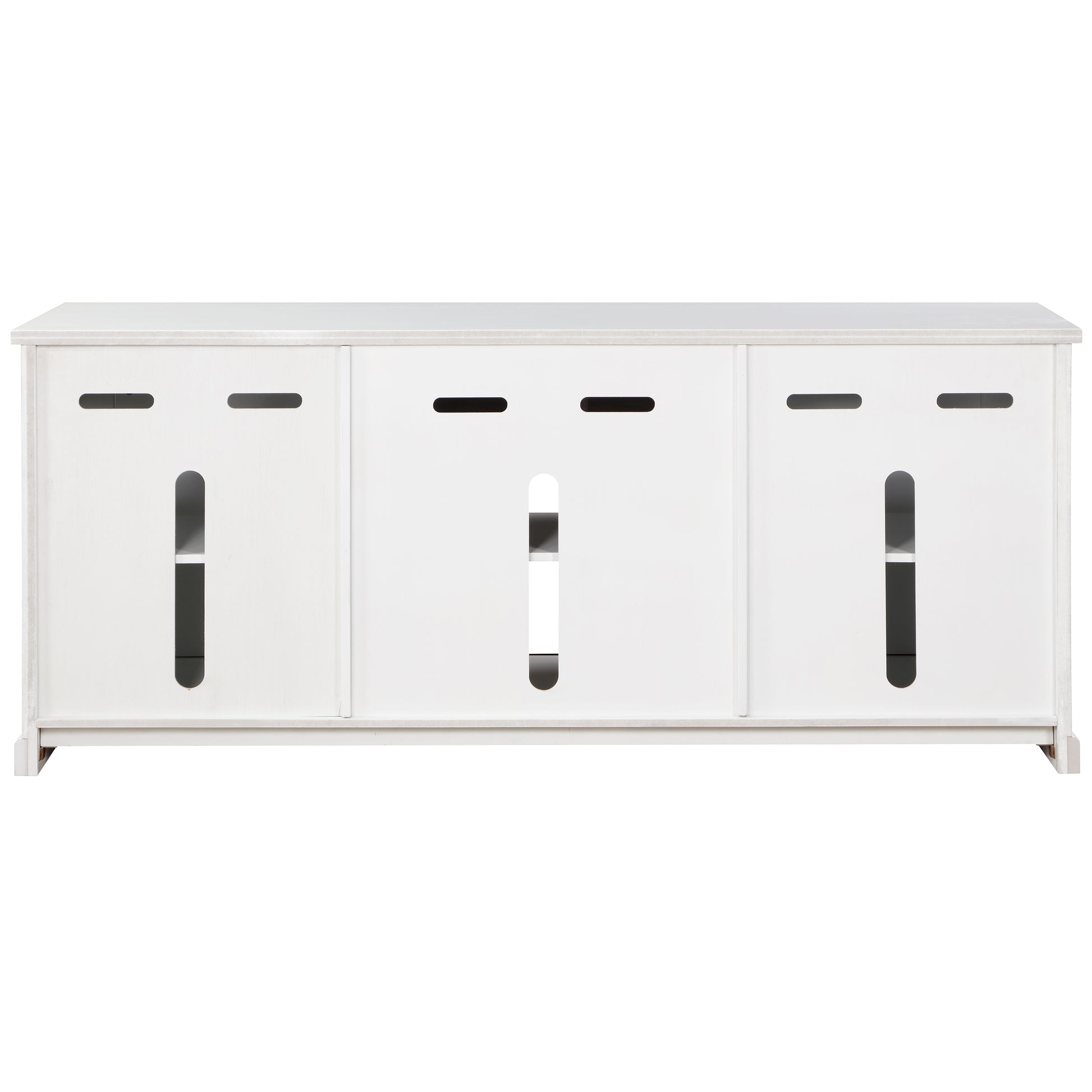 Front-facing back view of a farmhouse white and gold sliding door TV stand on a white background