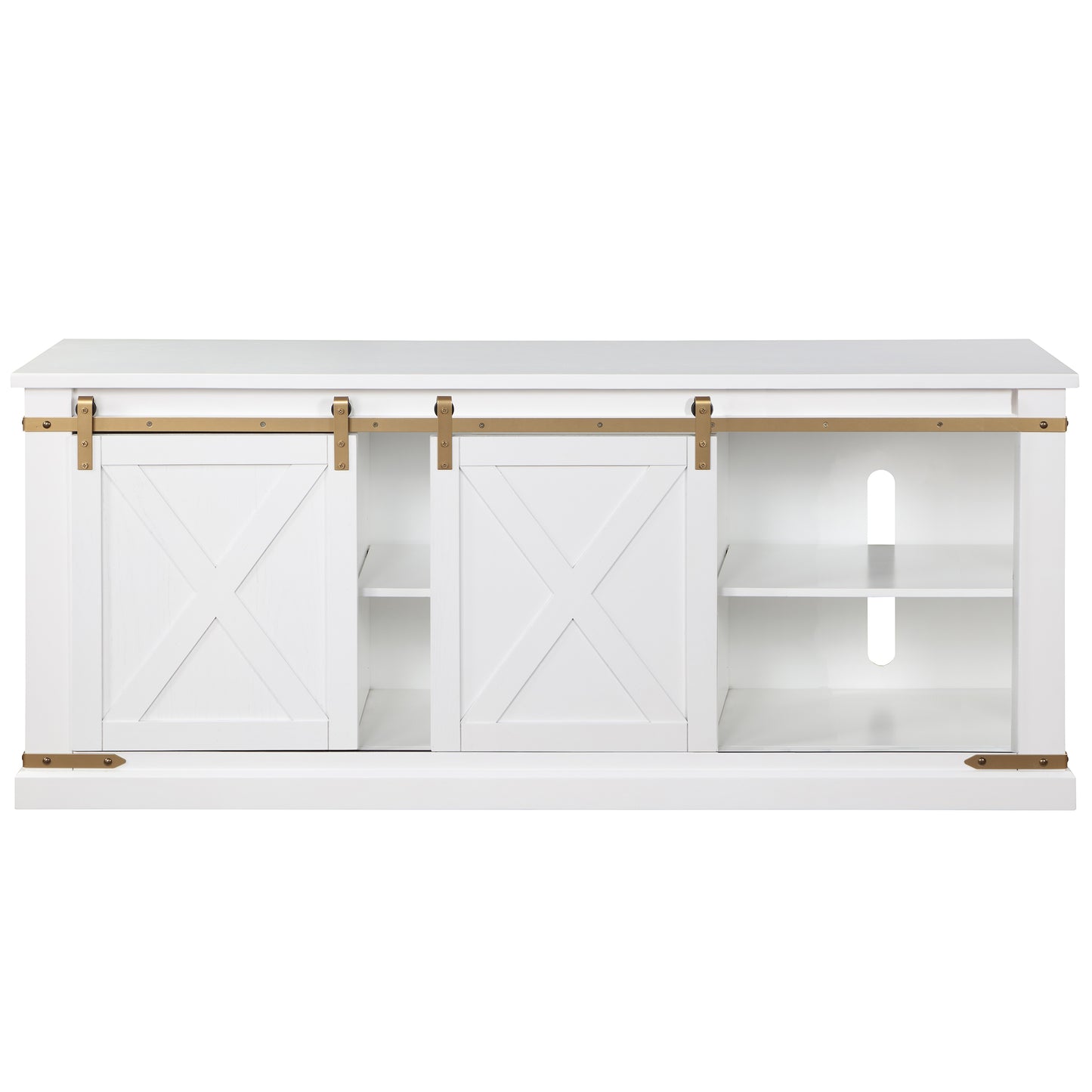 Front-facing farmhouse white and gold sliding door TV stand on a white background