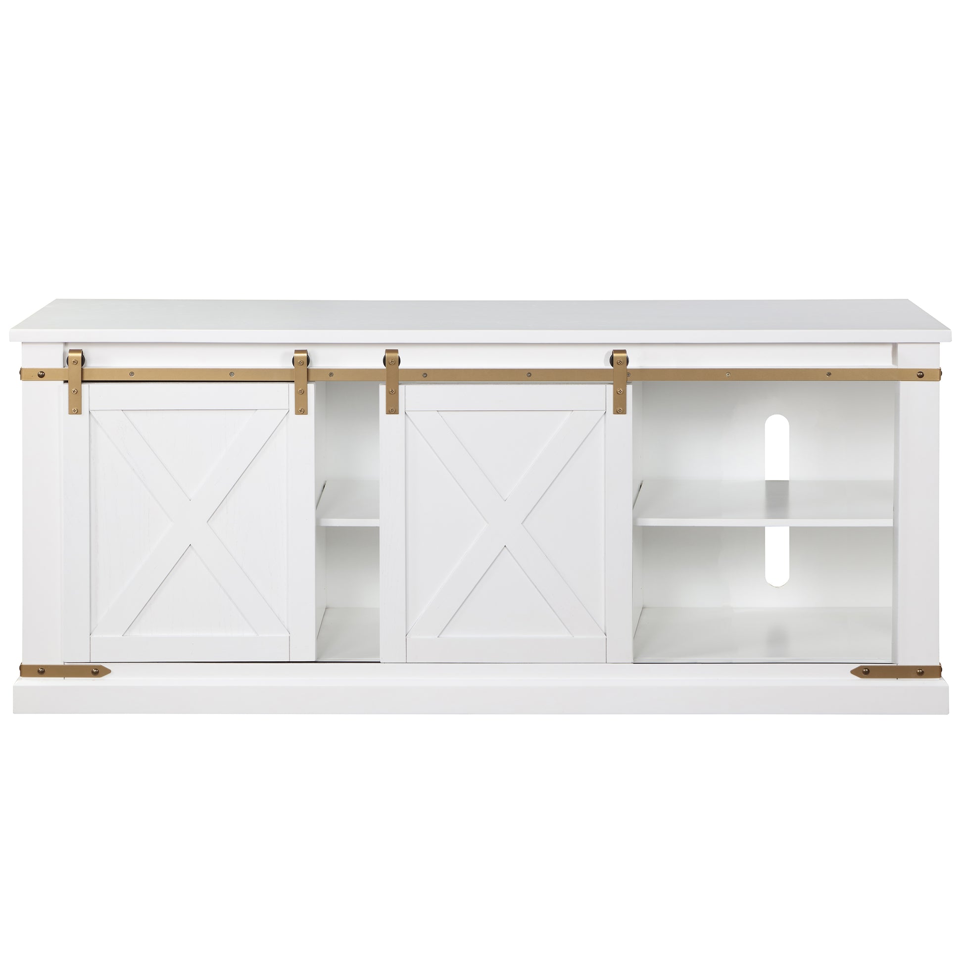 Front-facing farmhouse white and gold sliding door TV stand on a white background