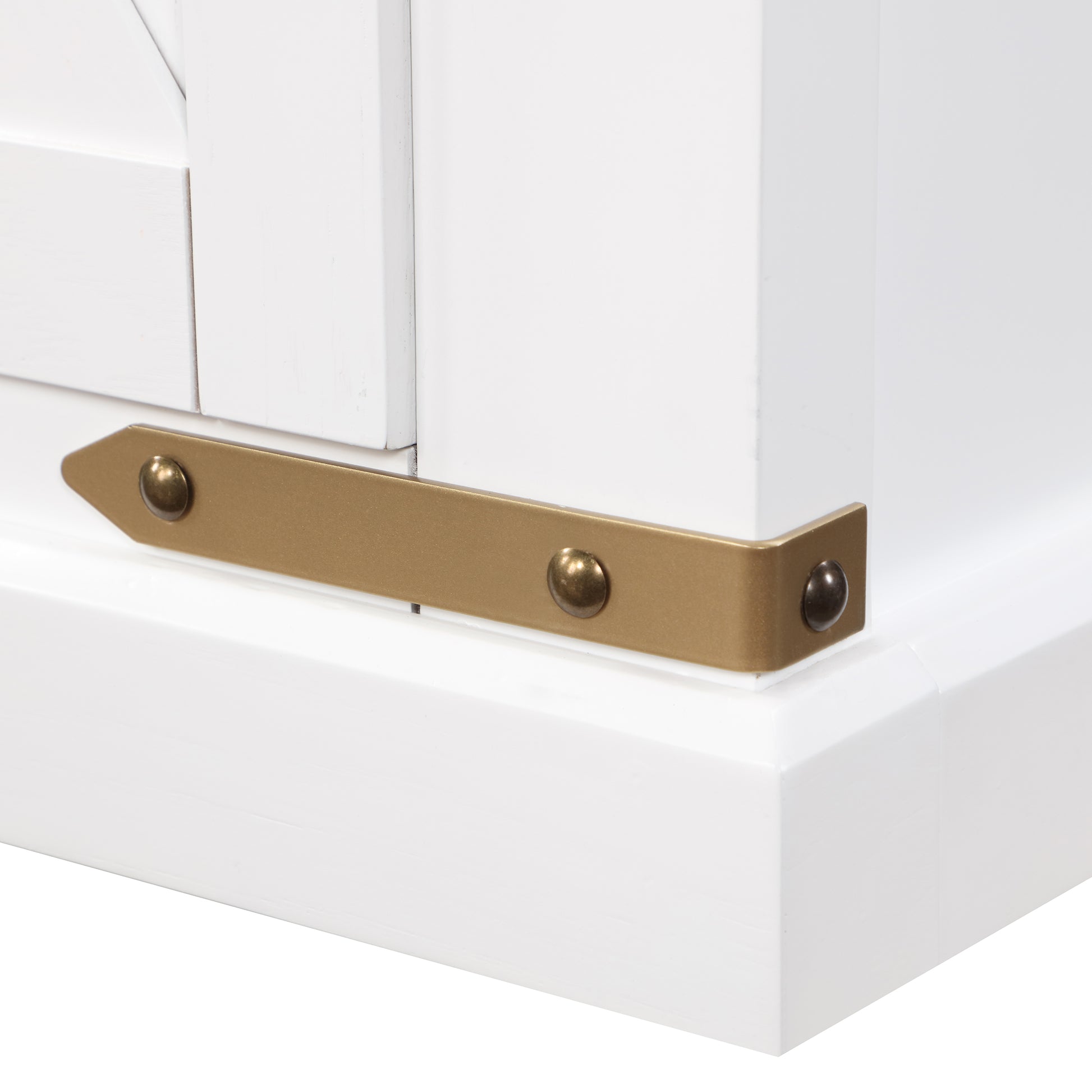 Left angled close-up base hardware detail on a farmhouse white and gold sliding door TV stand on a white background