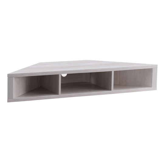 Right angled modern white oak corner three-shelf floating TV stand on a white background