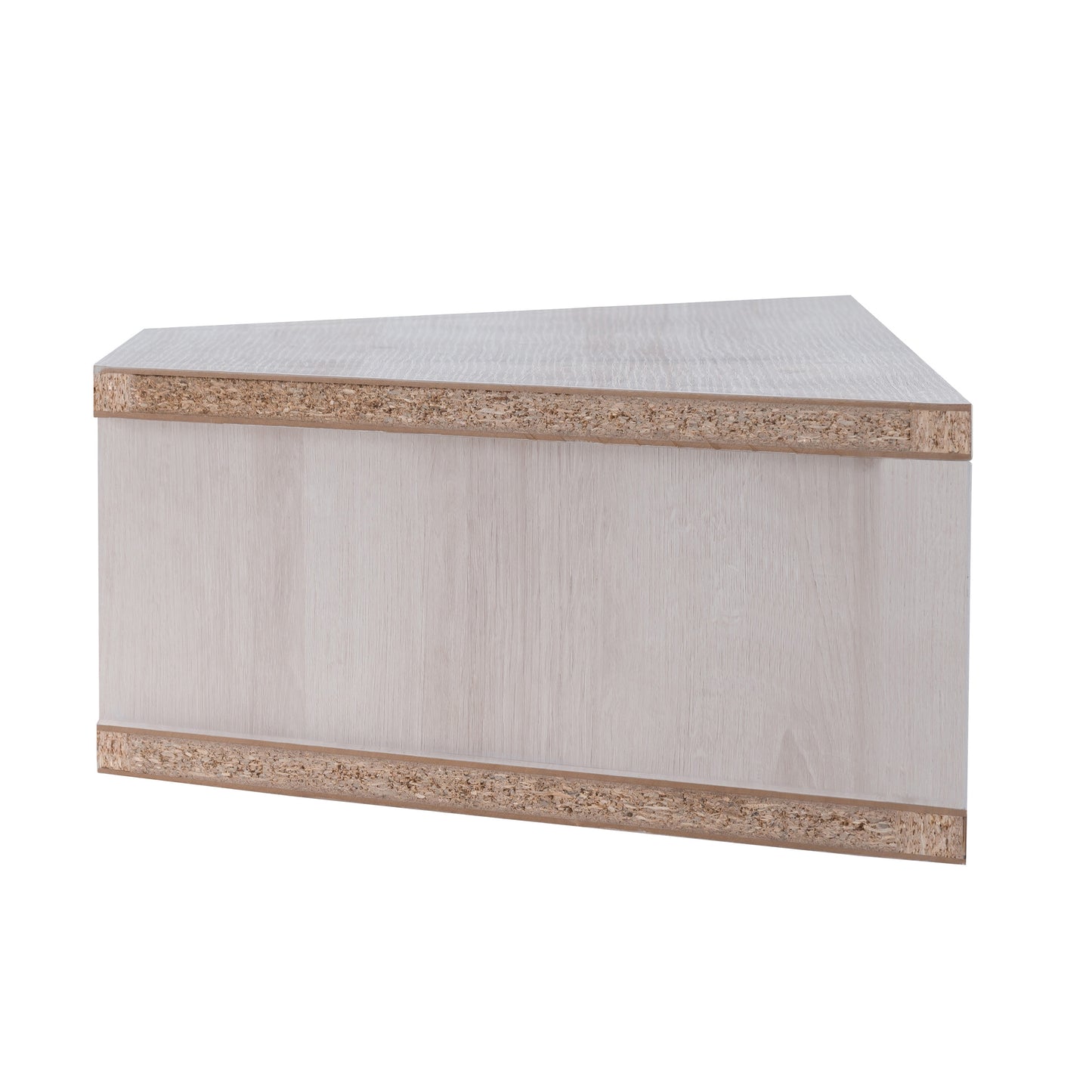 Front-facing side view of a modern white oak corner three-shelf floating TV stand on a white background