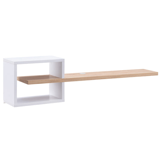 Right angled modern white and light oak cube and open shelf floating TV stand on a white background