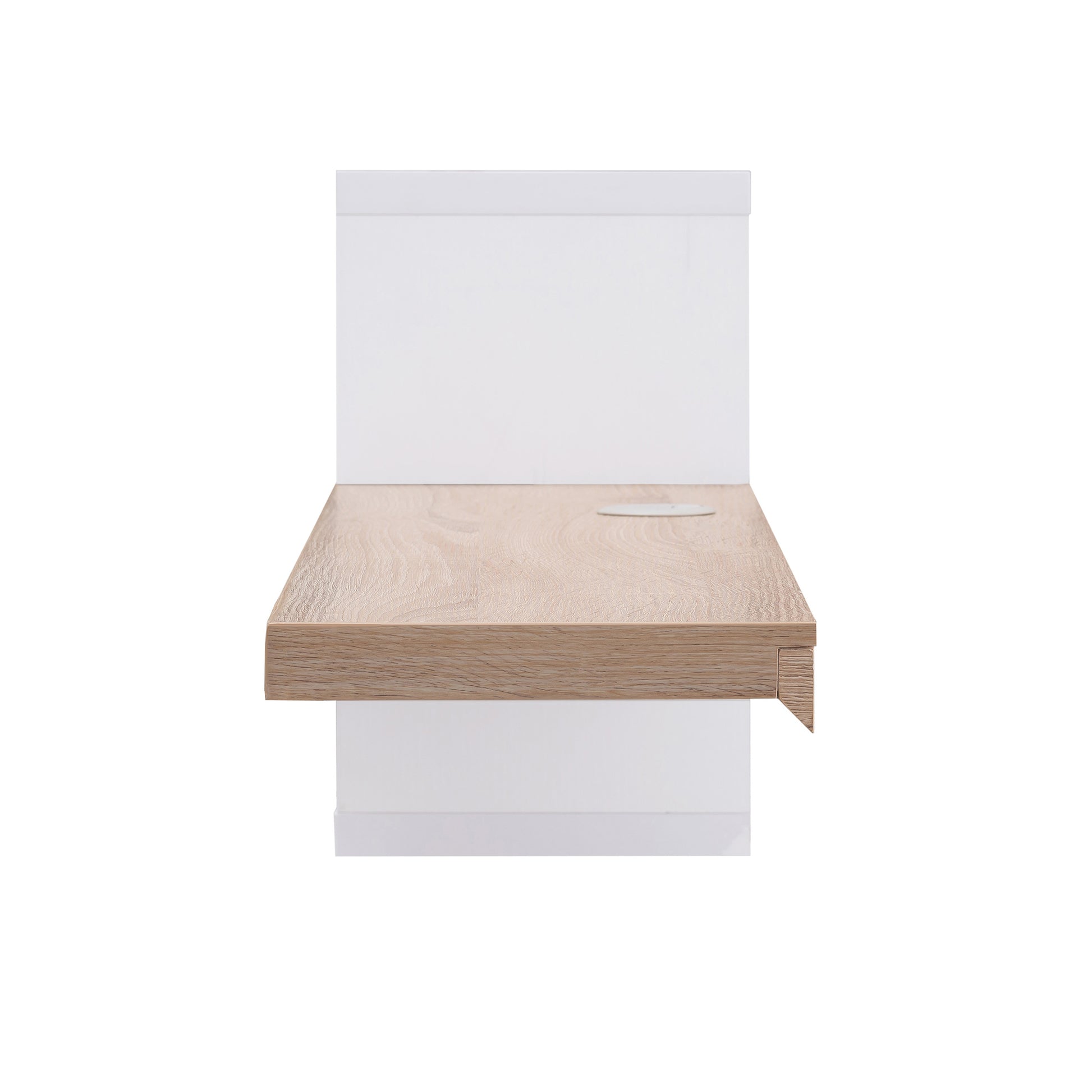 Front-facing shelf-side view of a modern white and light oak cube and open shelf floating TV stand on a white background