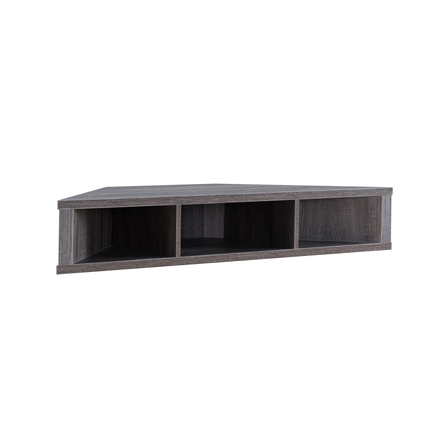 Right angled modern distressed gray corner three-shelf floating TV stand on a white background