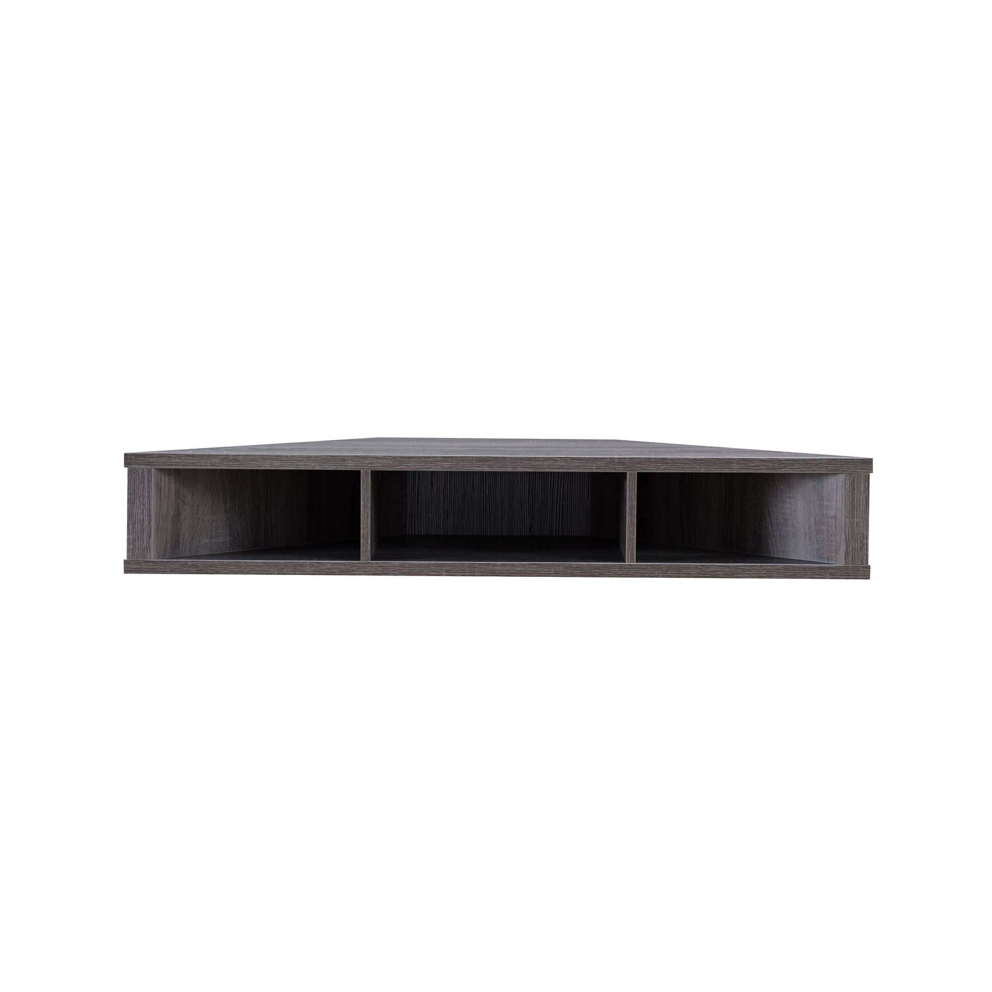 Front-facing modern distressed gray corner three-shelf floating TV stand on a white background