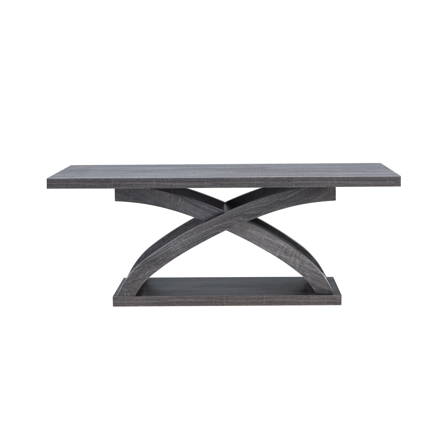 Front-facing contemporary distressed gray X-base coffee table on a white background