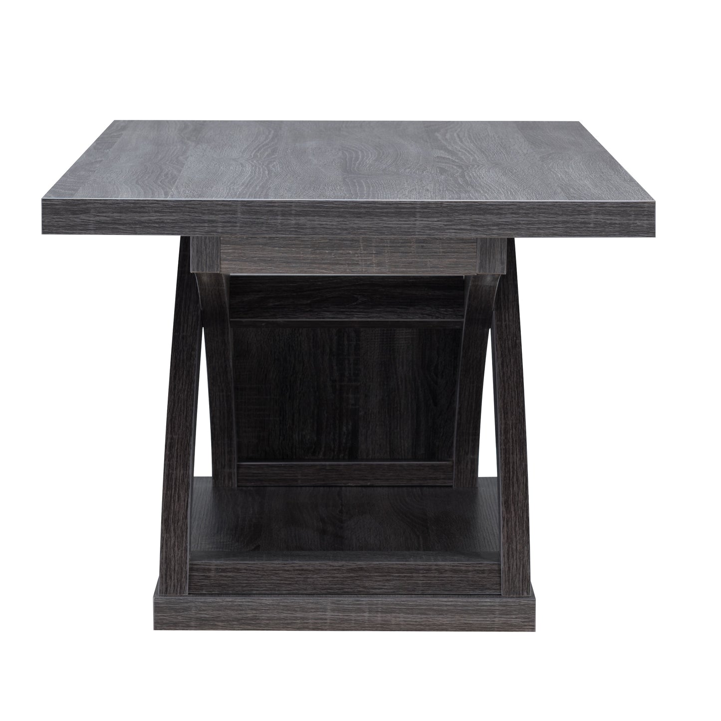 Front-facing side view of a contemporary distressed gray X-base coffee table on a white background