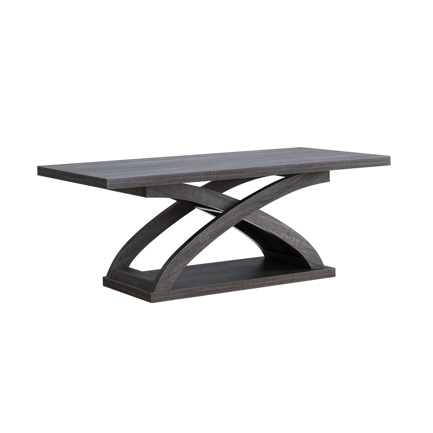 Right angled contemporary distressed gray X-base coffee table on a white background