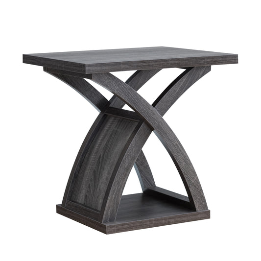 Right angled contemporary distressed gray X-base end table on a white background