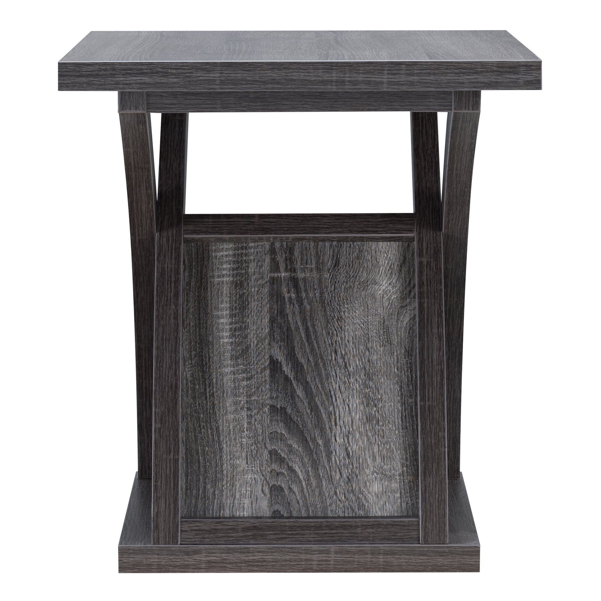 Front-facing side view of a contemporary distressed gray X-base end table on a white background
