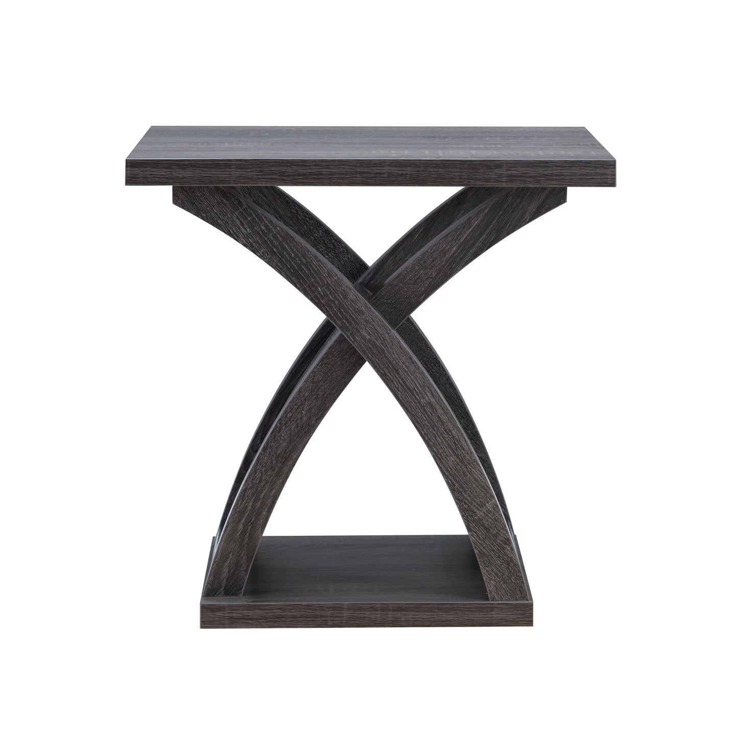 Front-facing contemporary distressed gray X-base end table on a white background