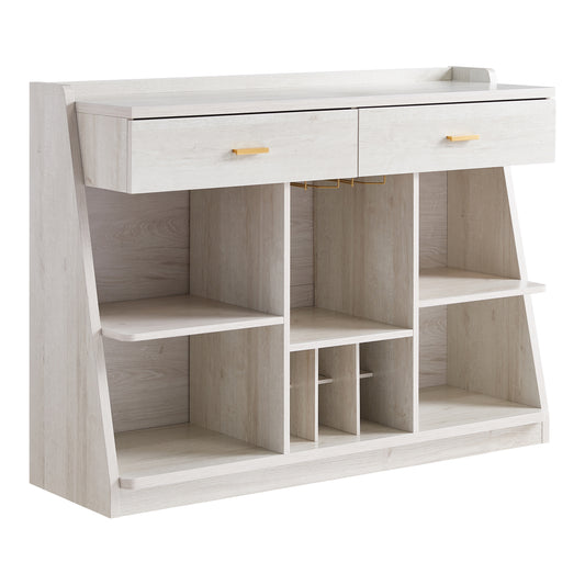Right angled modern farmhouse white oak five-shelf two-drawer buffet with wine storage on a white background