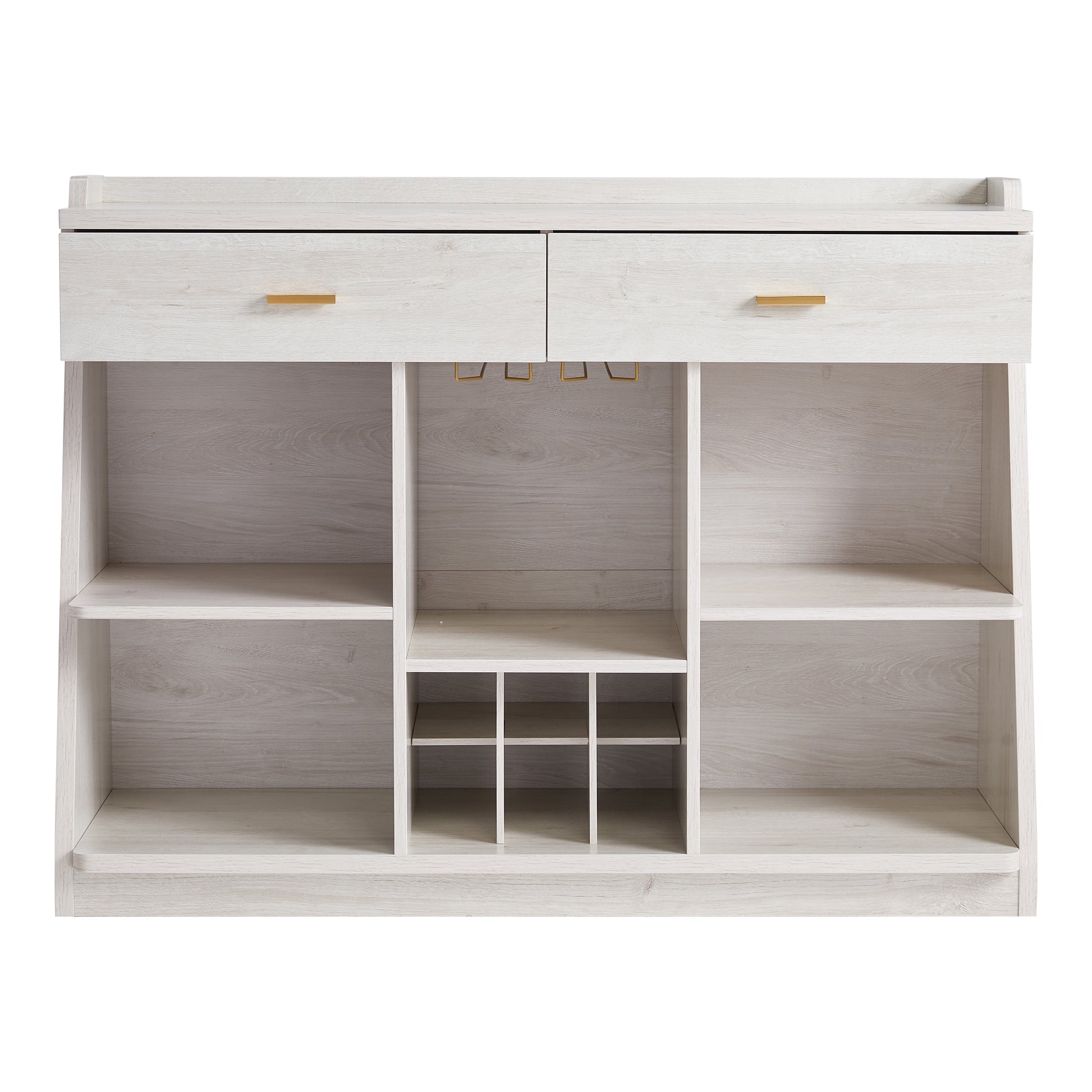 Front-facing modern farmhouse white oak five-shelf two-drawer buffet with wine storage on a white background