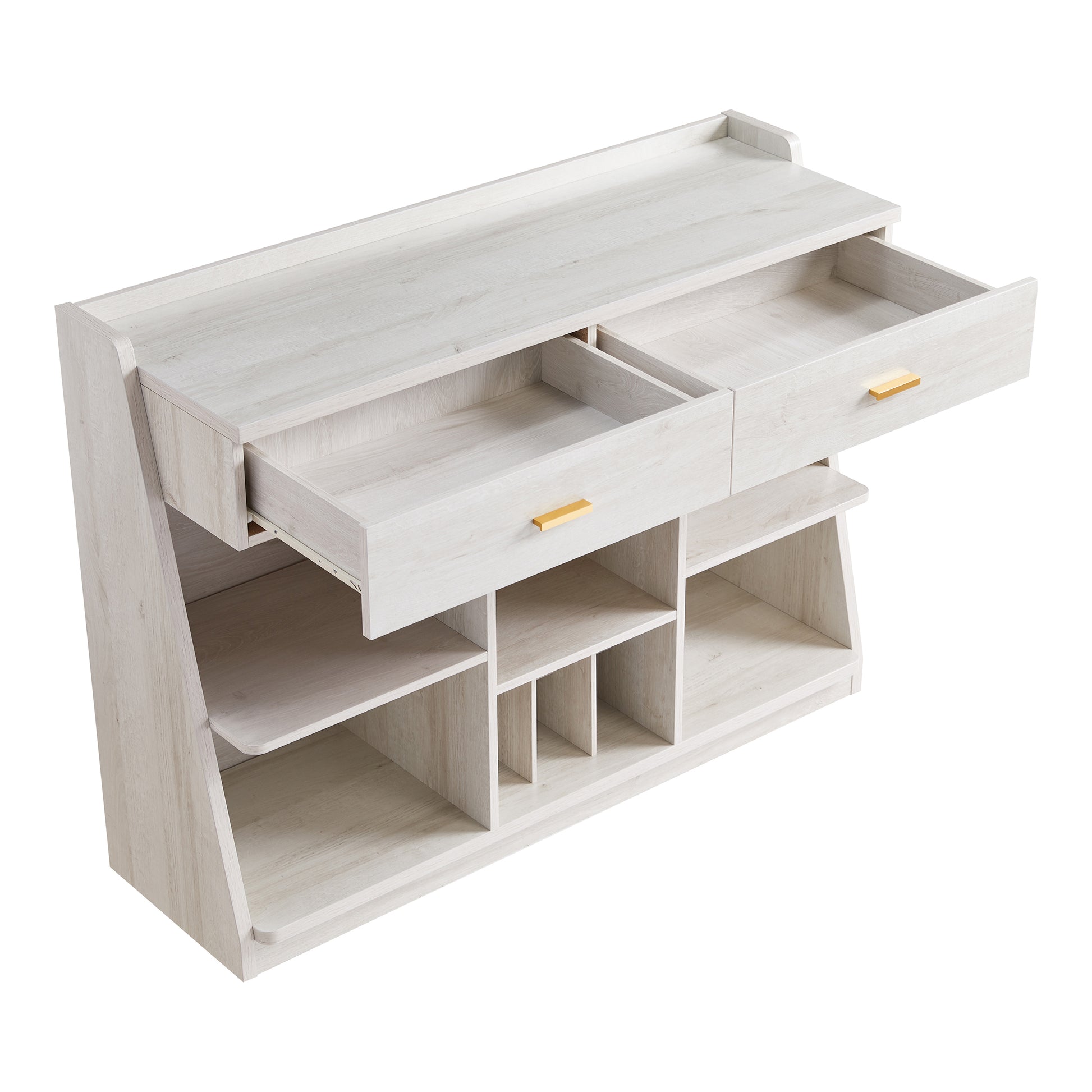 Right angled bird's eye view of a modern farmhouse white oak five-shelf two-drawer buffet with wine storage and drawers open on a white background