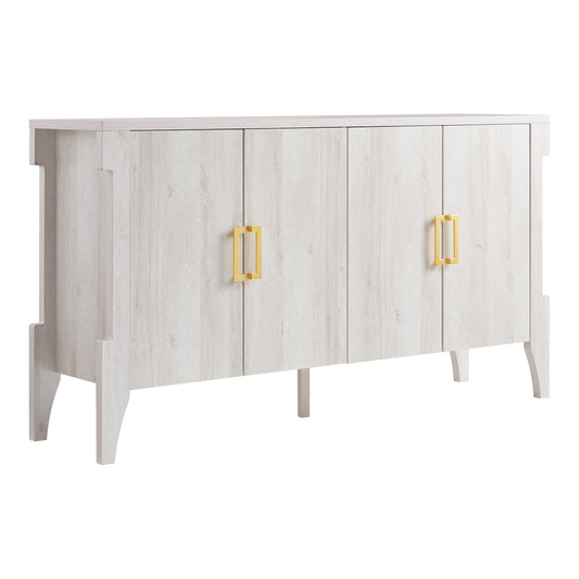 Right angled transitional white oak four-door six-shelf buffet on a white background