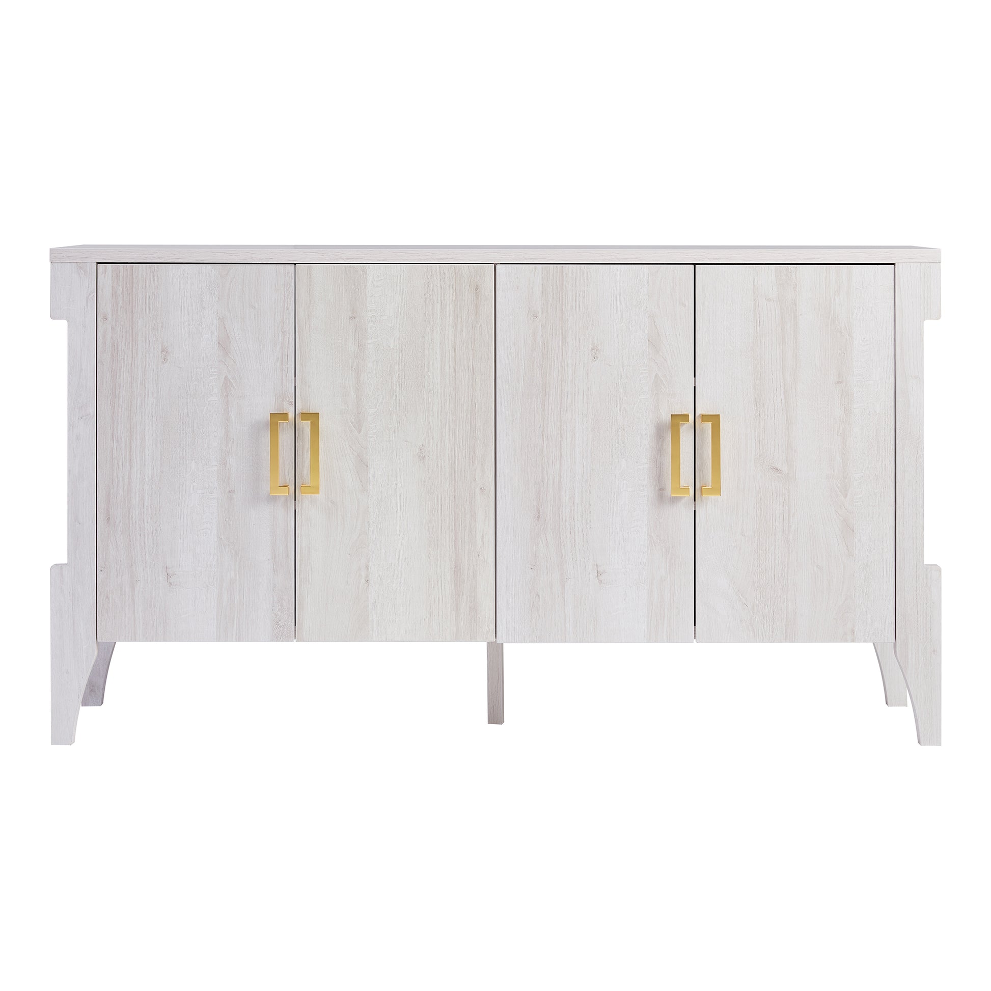 Front-facing transitional white oak four-door six-shelf buffet on a white background